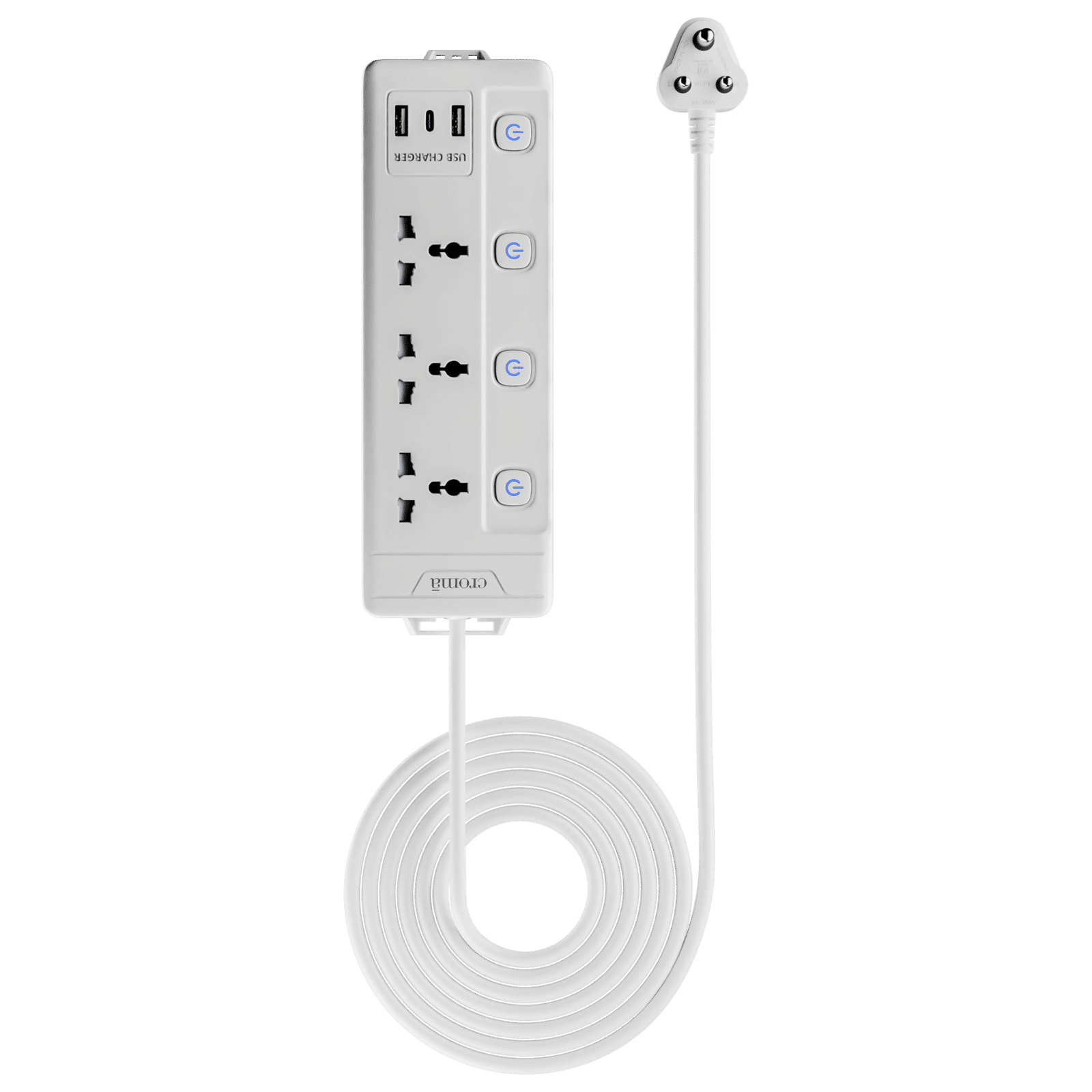 Croma 6 Amps 3 Sockets Surge Protector with Individual Switch (2 Meters, Child Safety Shutters, CRSP3WYSPA266201, White)