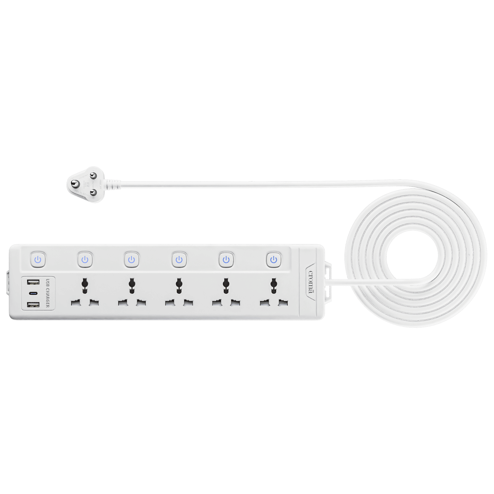 Croma 6 Amps 5 Sockets Surge Protector (2 Meters, Child Safety Shutters, White)