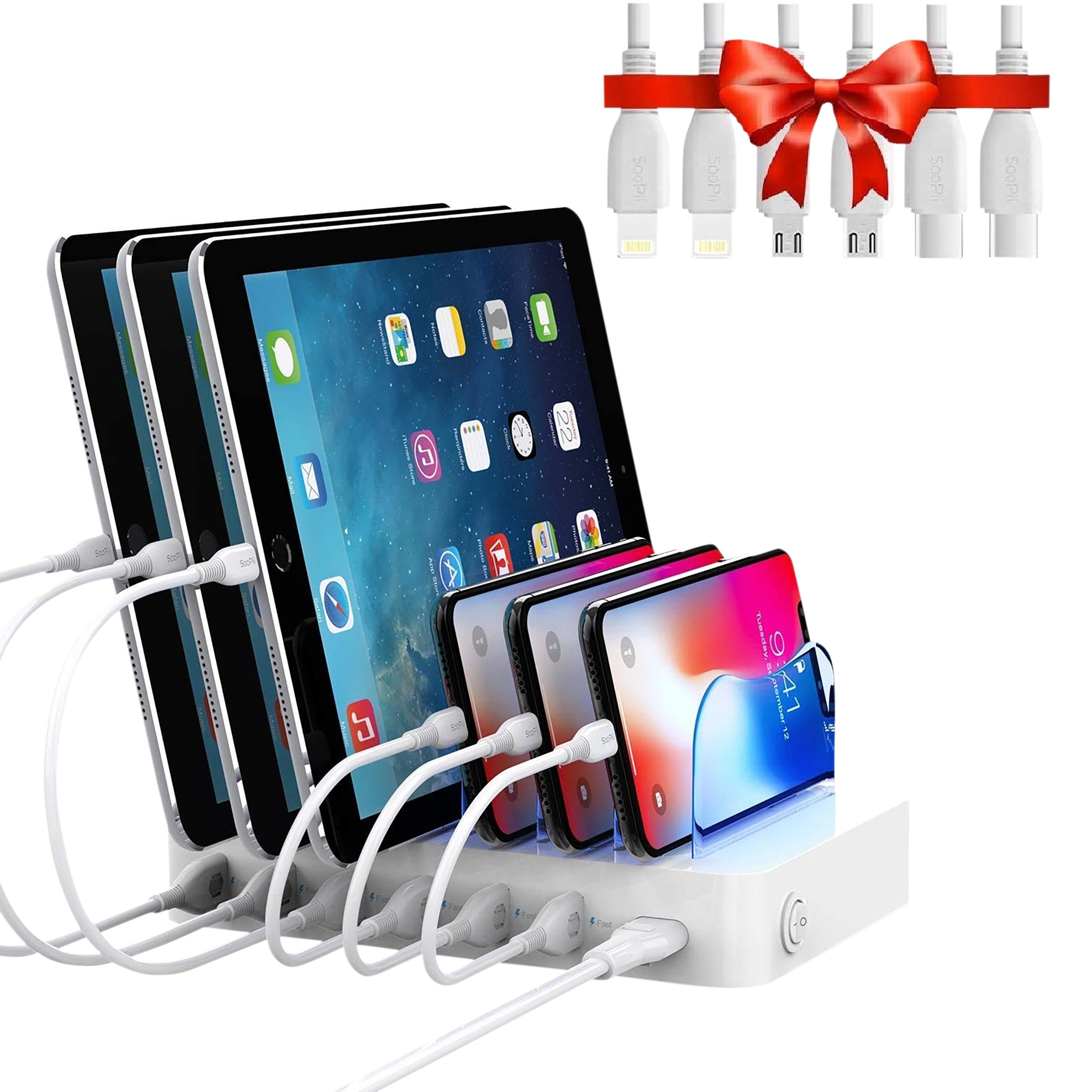 Soopii 50W Type A 6-Port Fast Charging Station (Type A to Type C, Type A to Micro USB & Type A to Lightning Cable, VoltageBoost Technology, White)