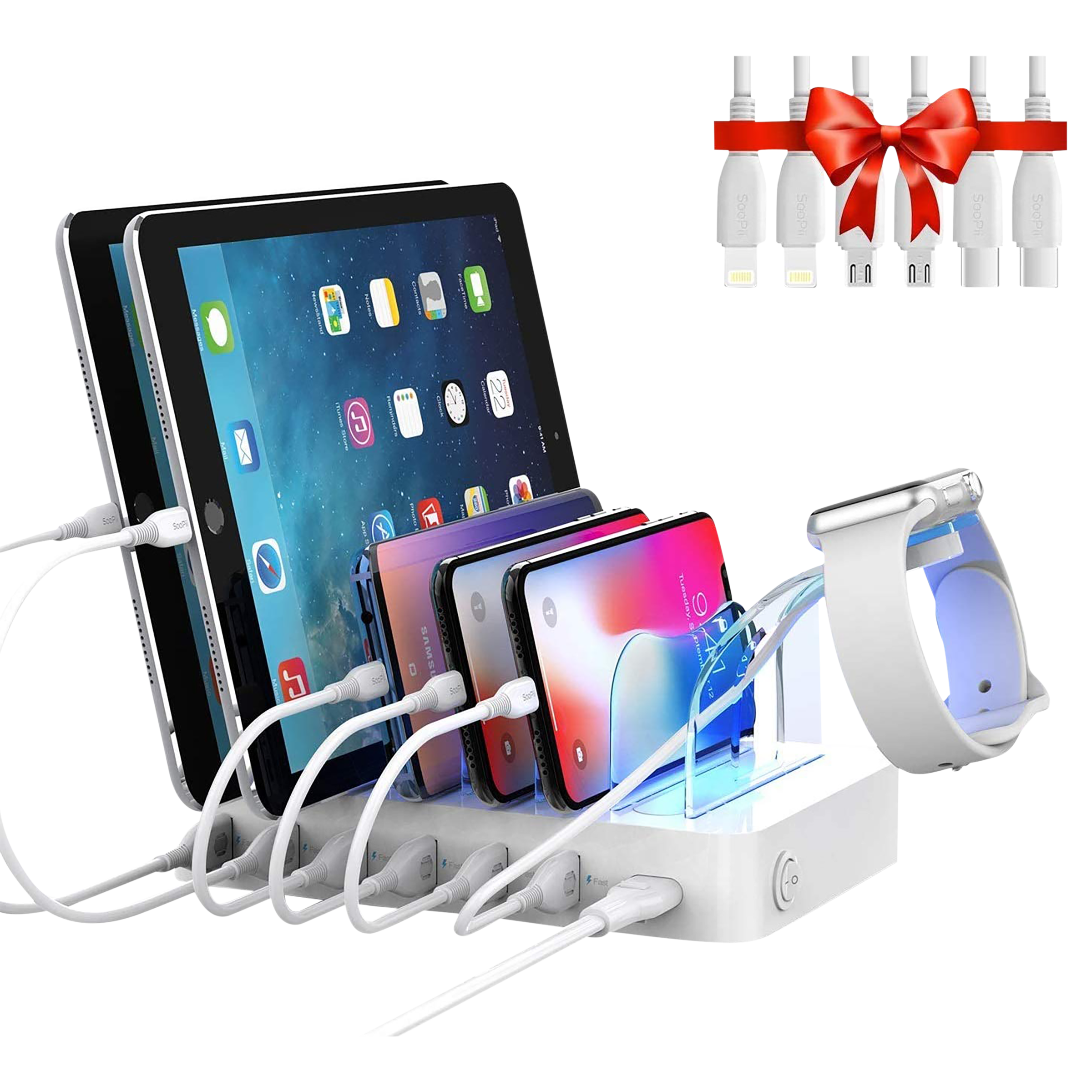 Soopii 60W Type A 6-Port Fast Charging Station (Type A to Type C, Type A to Micro USB & Type A to Lightning Cable, Quick Charge 3.0, White)