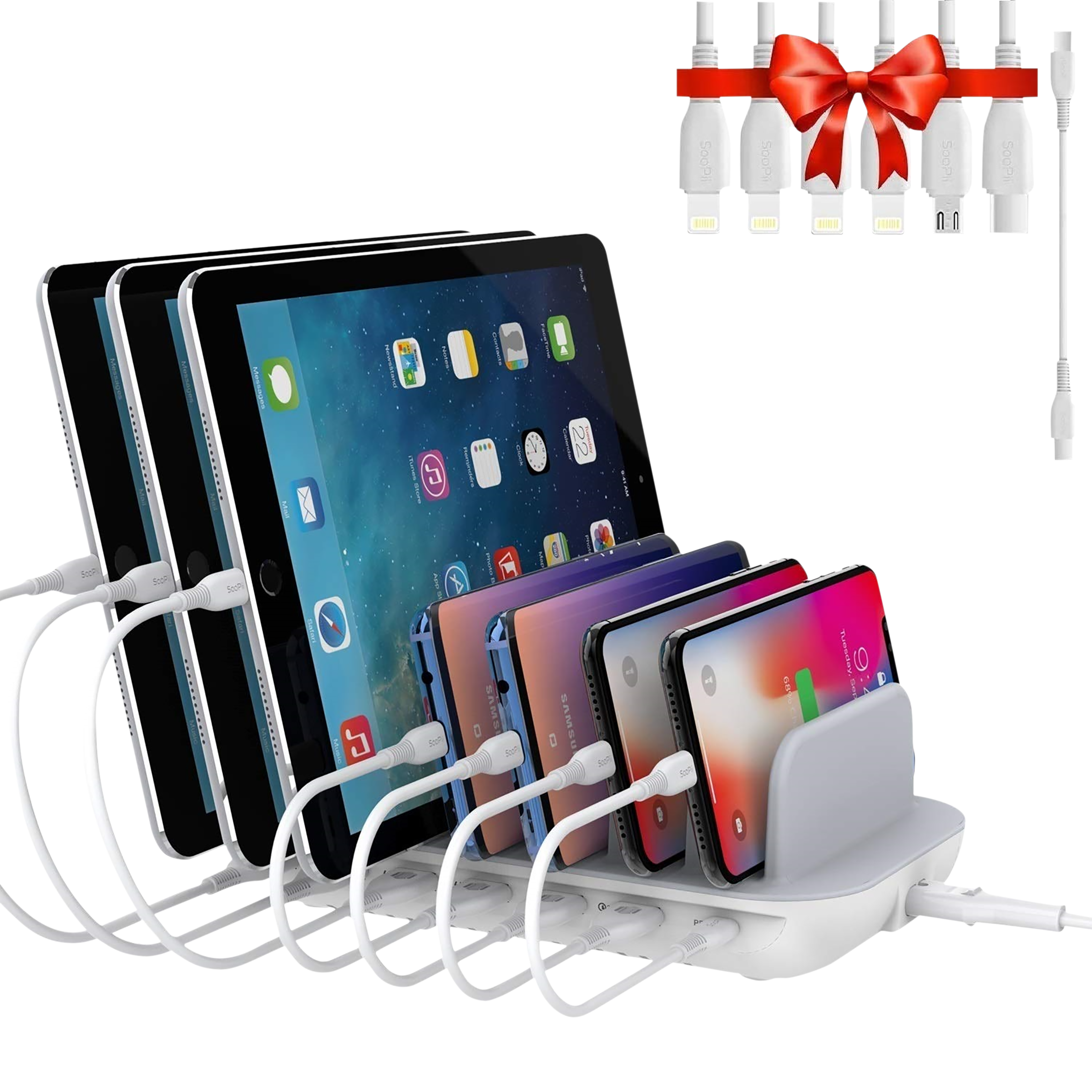 Soopii 70W Type A & Type C 7-Port Fast Charging Station (Type A to Type C, Type A to Micro USB & Type A to Lightning Cable, Quick Charge 3.0, White)