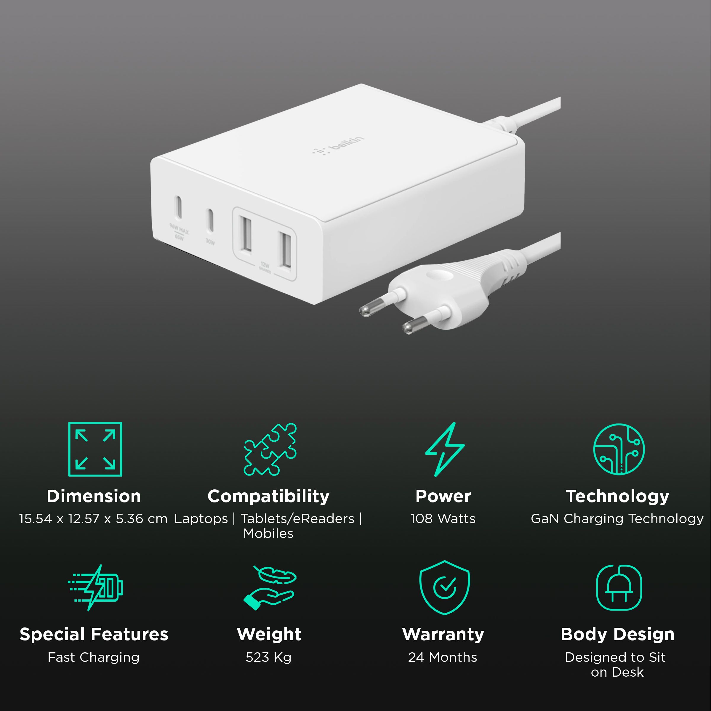 Belkin BEL 108W 4-PORT USB-C GAN Wall Charger