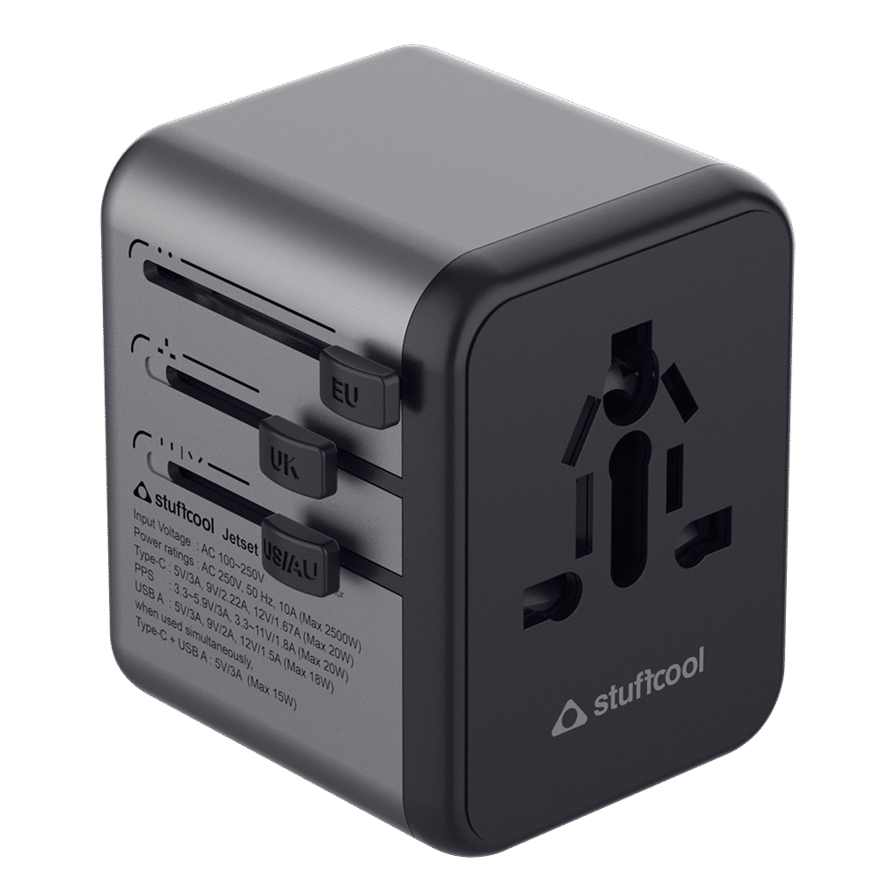 stuffcool Jetset 20W Type A & Type C 2-Port World Travel Adapter (Adapter Only, Quick Charge 3.0, Grey)