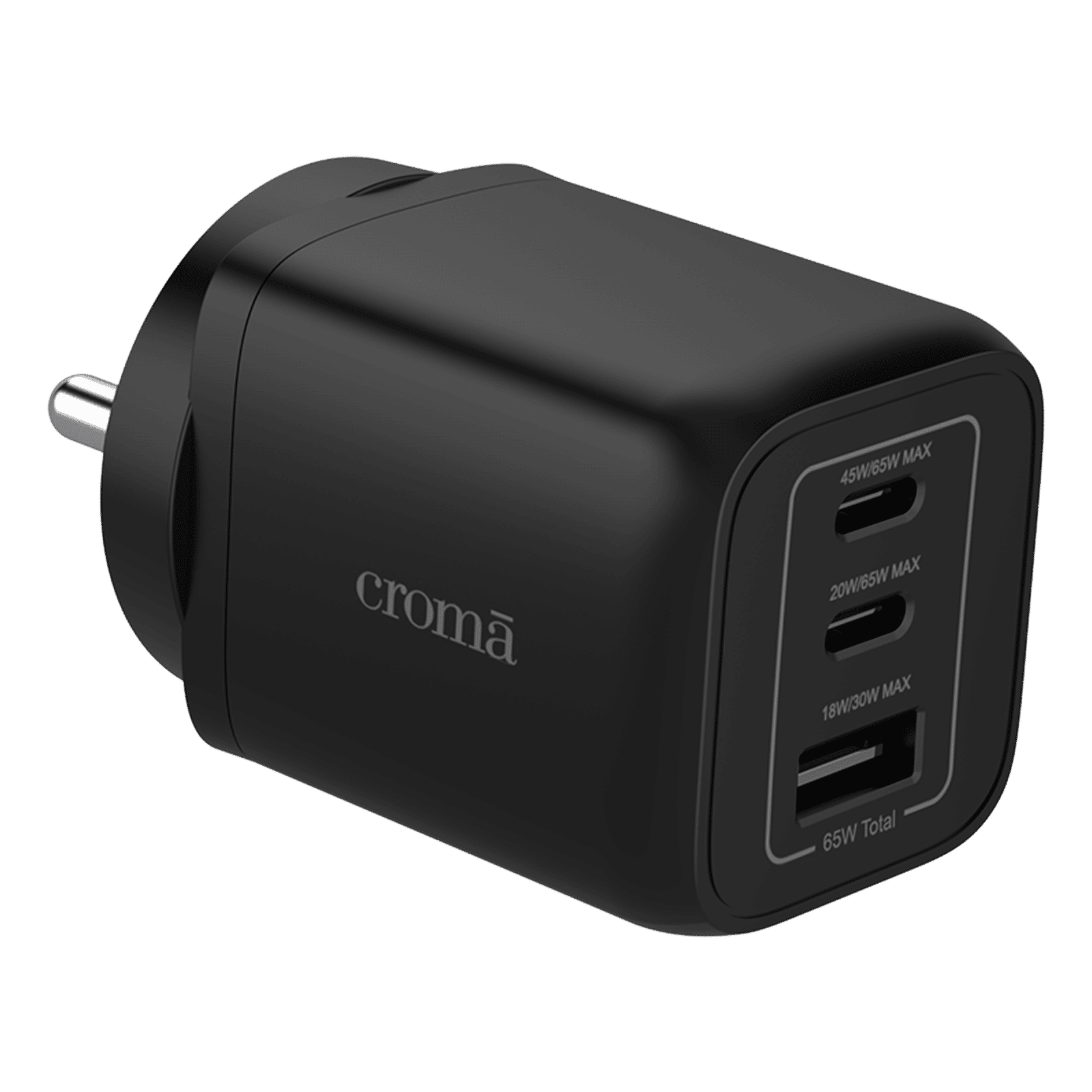 Croma 65W Type-C & Type A 3-Port Fast Charger (Adapter Only, GaN Technology, Black)