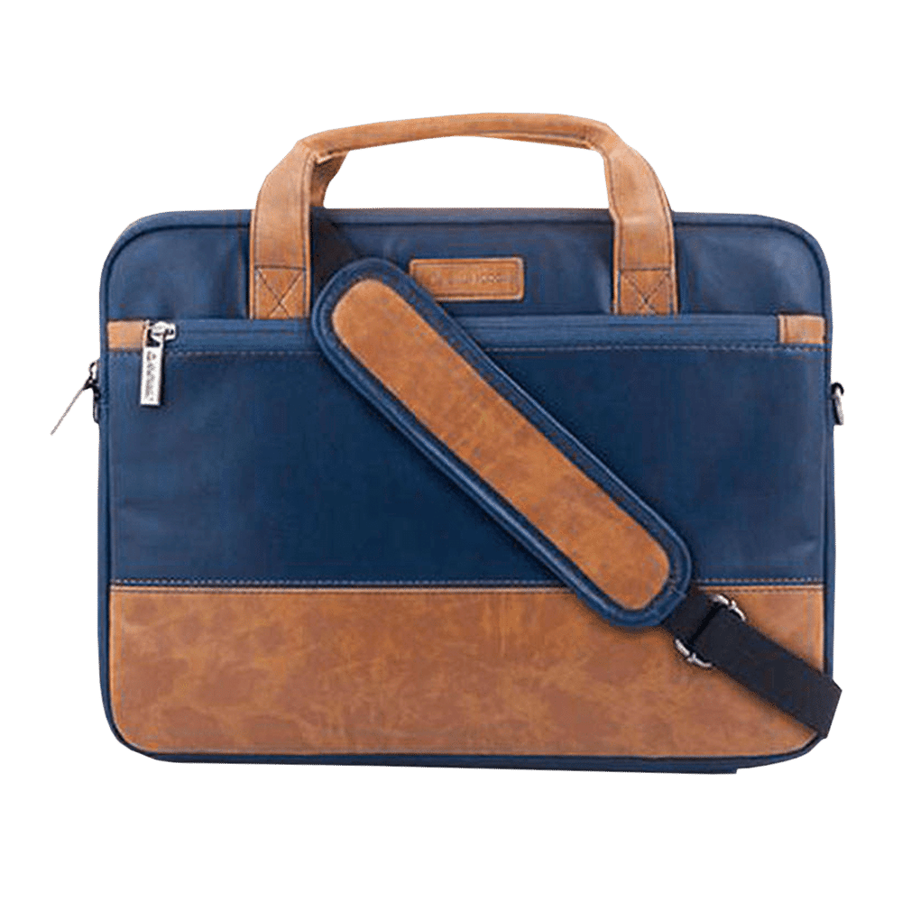 stuffcool Lush Faux Leather Laptop Sling Bag for 14 Inch Laptop (Detachable & Adjustable Shoulder Strap, Blue/Brown)