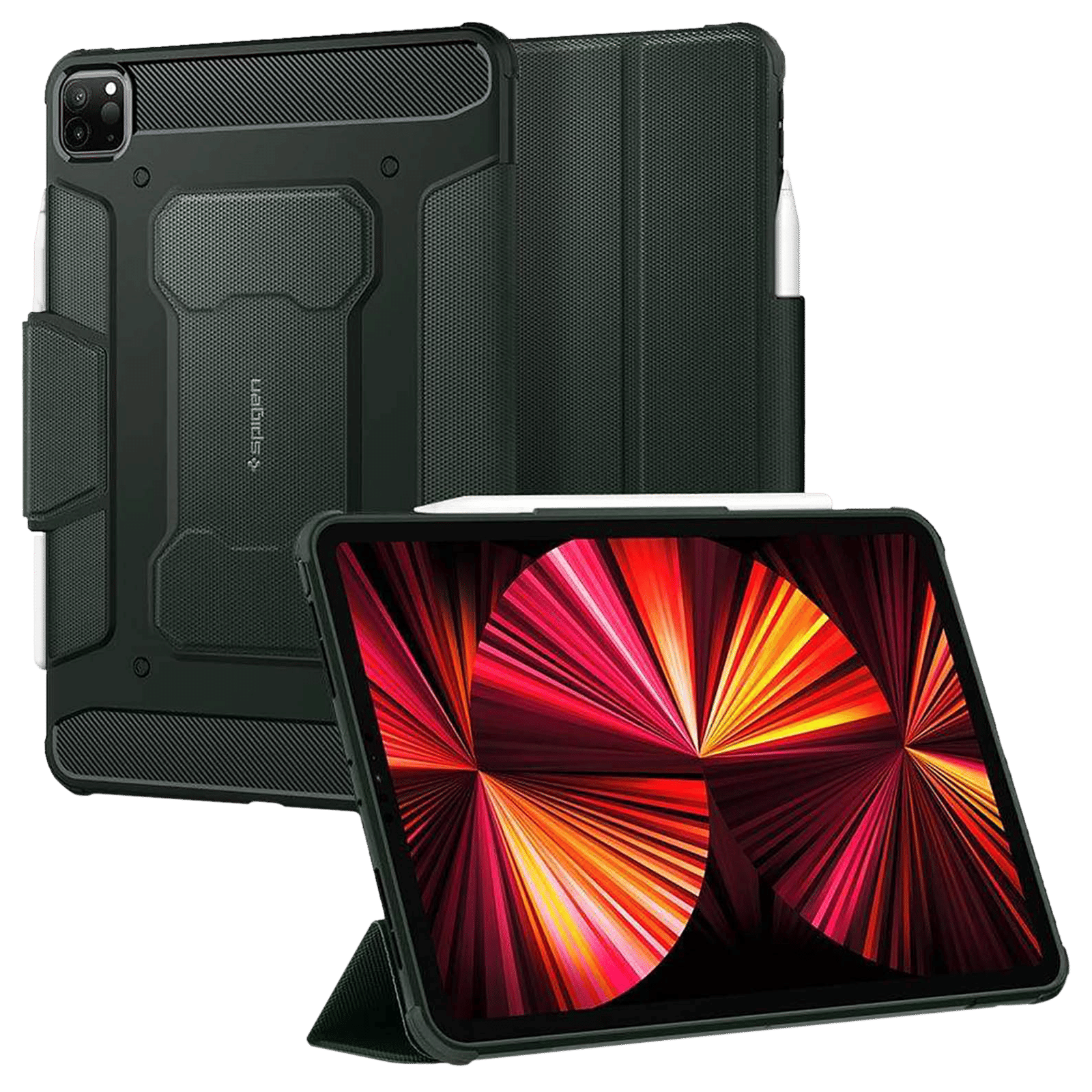 spigen Rugged Armor Pro Polyurethane Leather, TPU Flip Cover for Apple iPad Pro (Built-in Kickstand, Military Green)