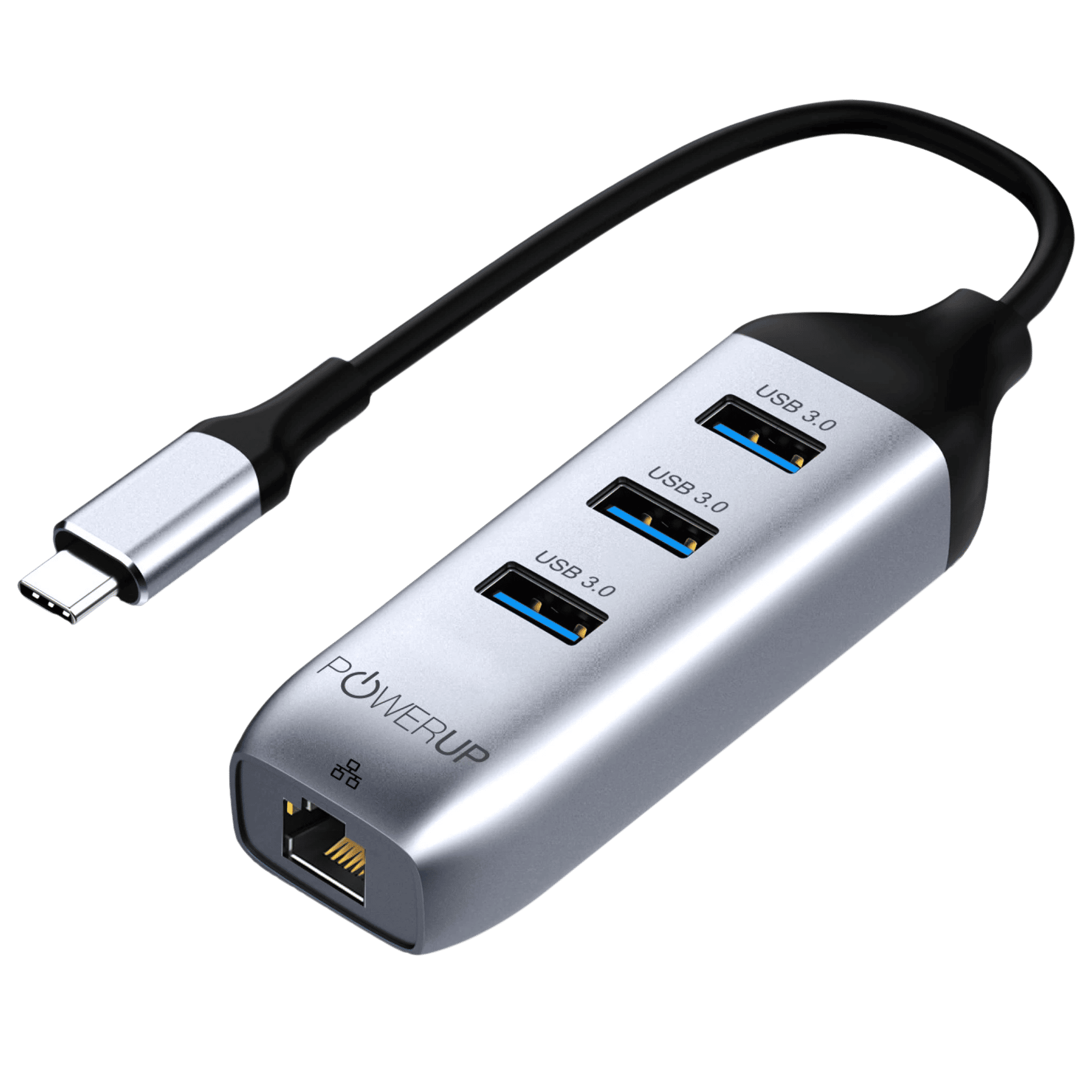 POWERUP Mini Splitter 4-in-1 USB 3.0 Type C to USB 3.0 Type A, LAN Port Multi-Port Hub (1000 Mbps Data Transfer Speed, Gun Metal)