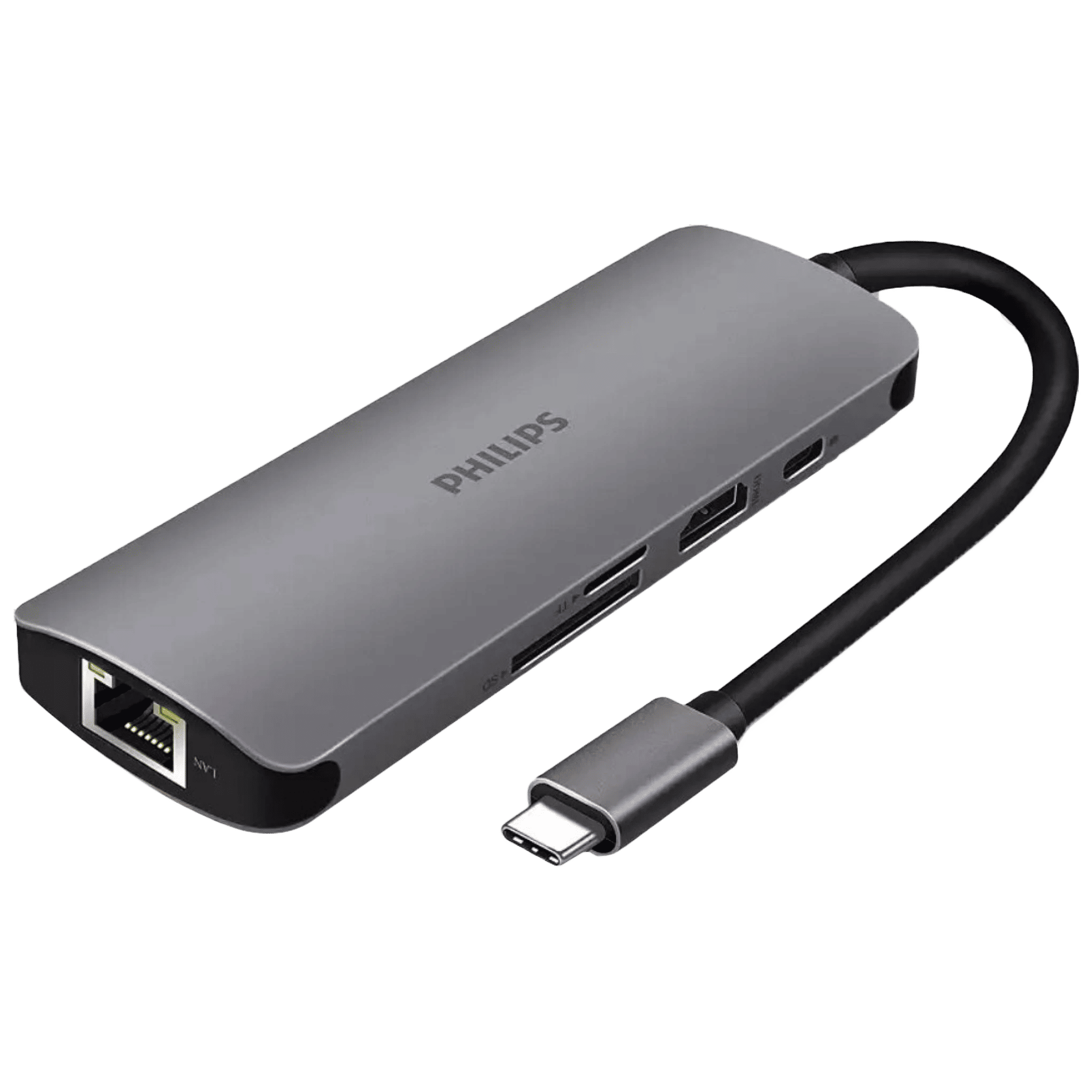 Philips 8-in-1 USB 3.0 Type C to RJ45, USB 3.0 Type A, USB 3.0 Type C, HDMI Type A, SD Card Slot, TF Card Reader USB Hub (5 Gbps Data Transfer Rate, Grey)