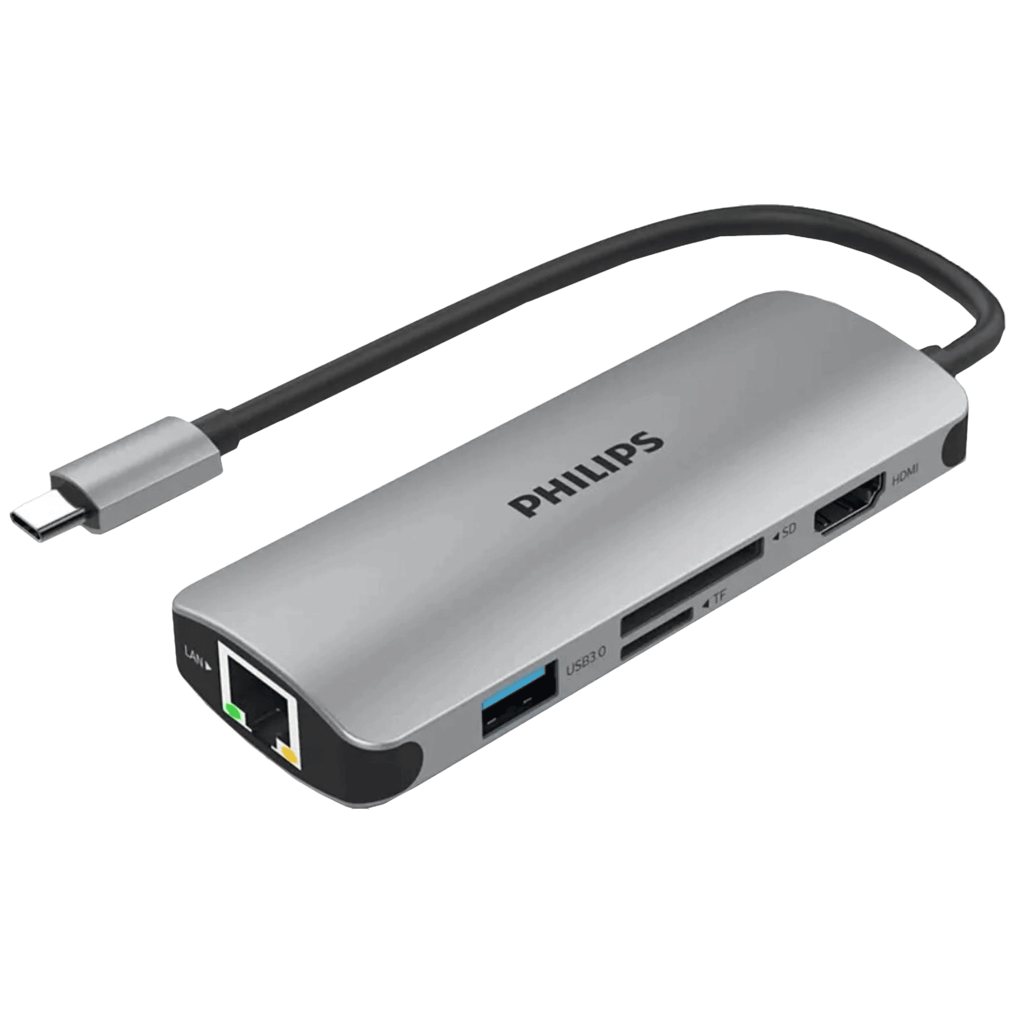 Philips 6-in-1 USB 3.0 Type C to RJ45, USB 3.0 Type C, USB 3.0 Type A, SD Card Slot, TF Card Reader, HDMI Type A USB Hub (5 Gbps Data Transfer Rate, Grey)