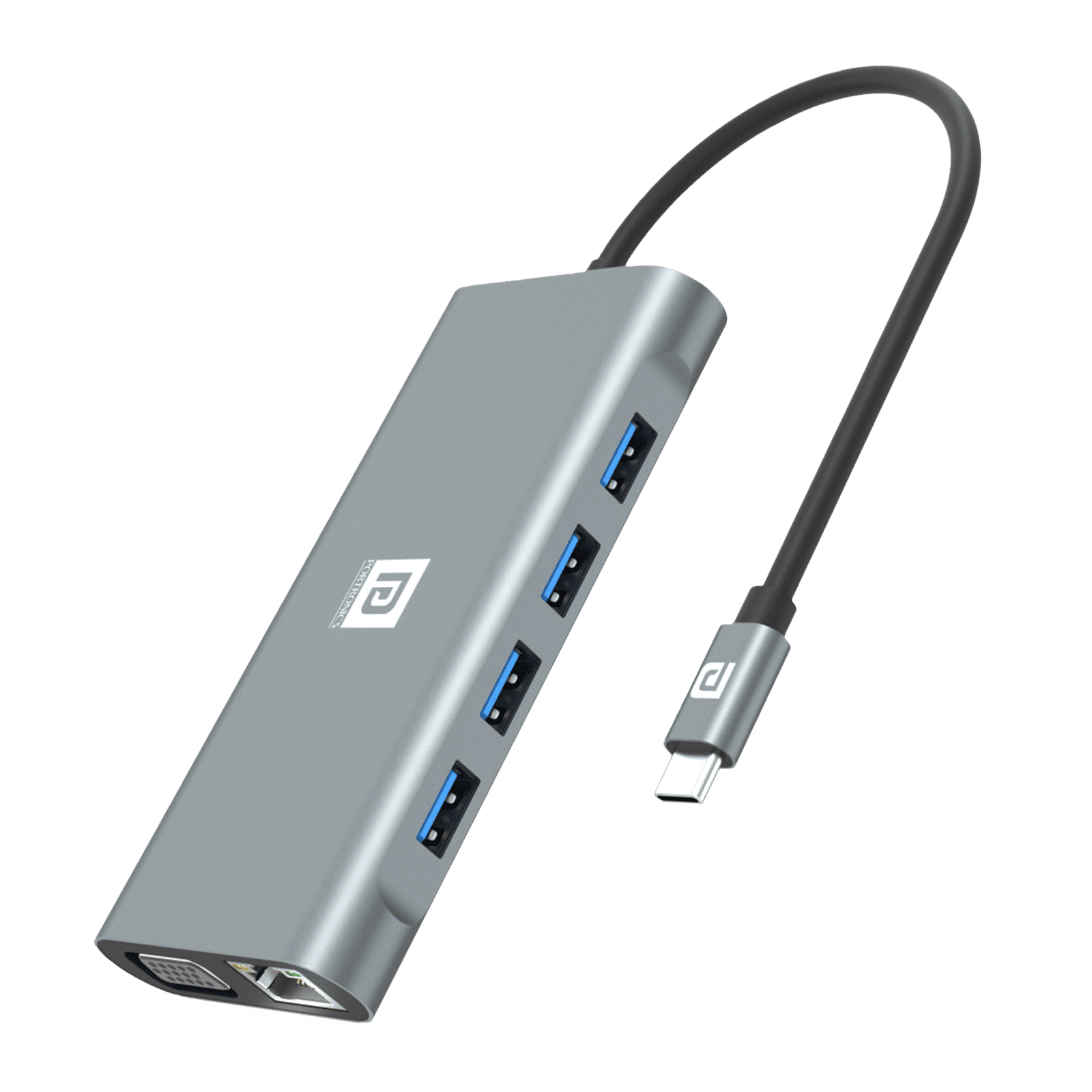 PORTRONICS Mport 11C 11-in-1 USB Type C to USB Type C, USB 3.0 Type A, LAN Port, 3.5mm Stereo, SD Card Slot, TF Card, VGA Port, HDMI Multi-Port Hub (Up to 10 Gbps Data Transfer, Grey)