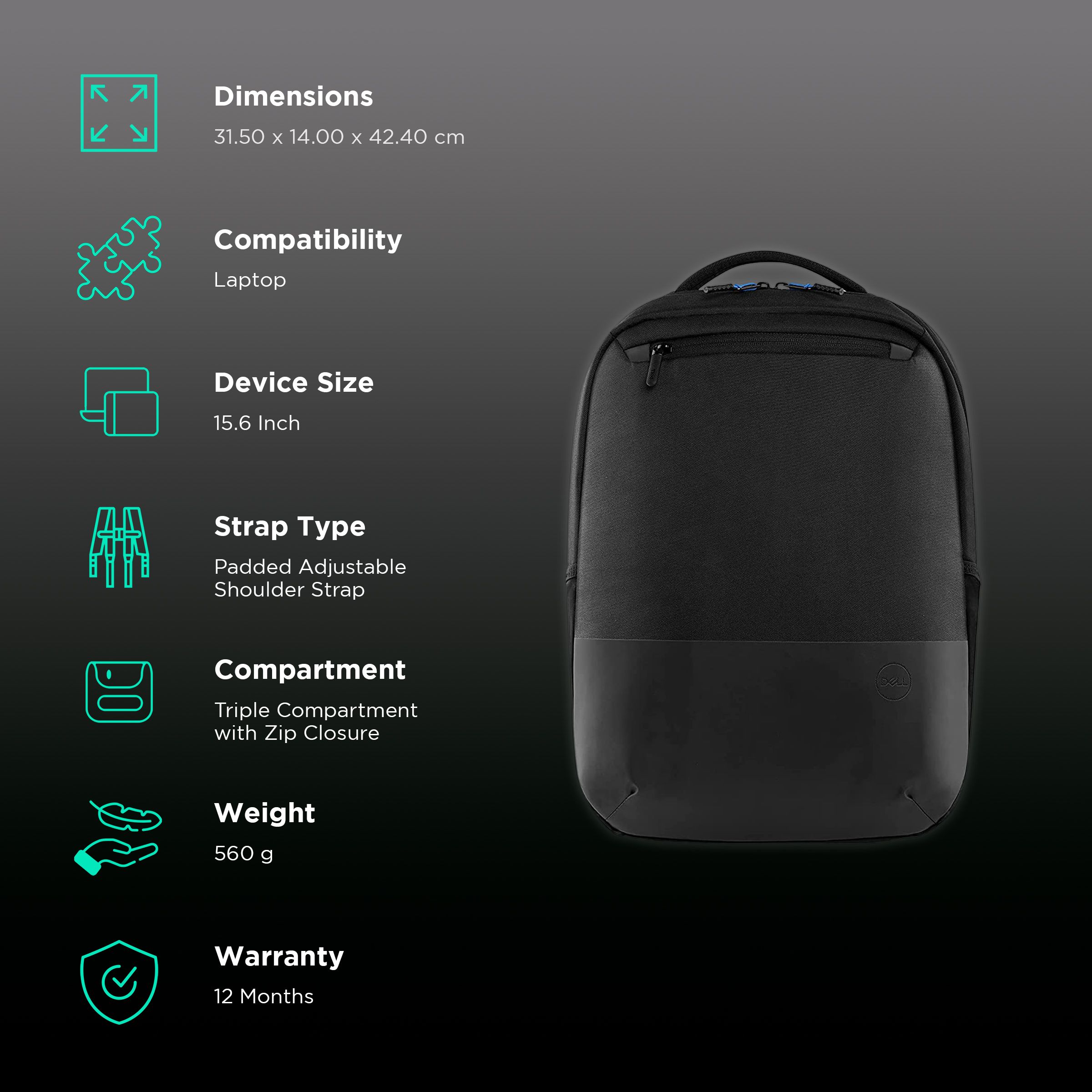 DELL Pro Slim Fibre Laptop Backpack for 15 Inch Laptop (Water Resistant  Protective Coating, Black)