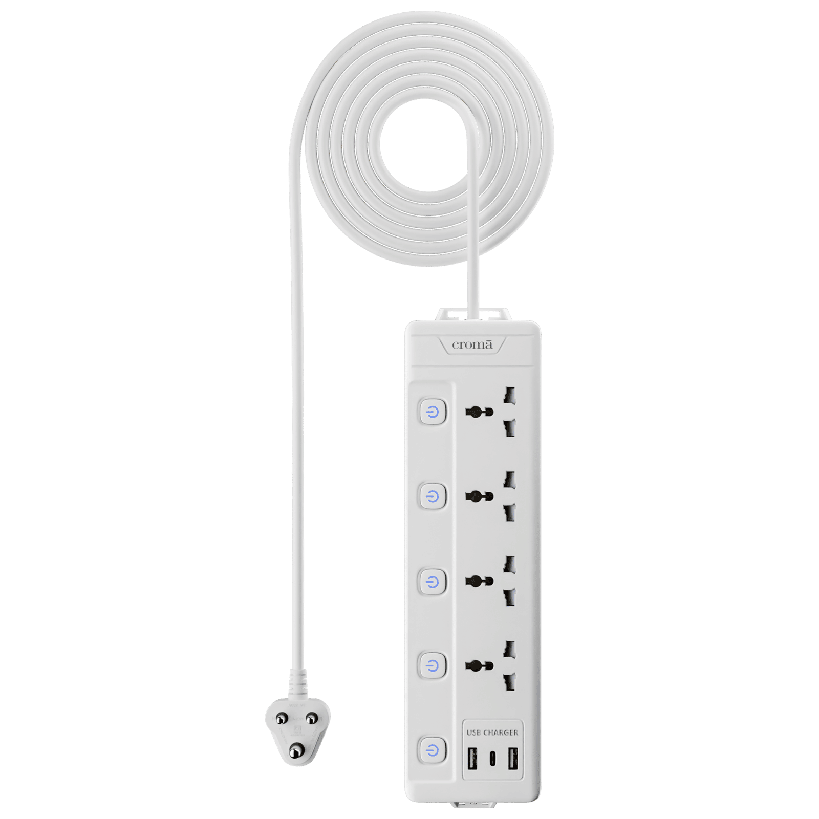 Croma 6 Amps 4 Sockets Surge Protector with Individual Switch (2 Meters, Child Safety Shutters, CRSP4WYSPA266202, White)