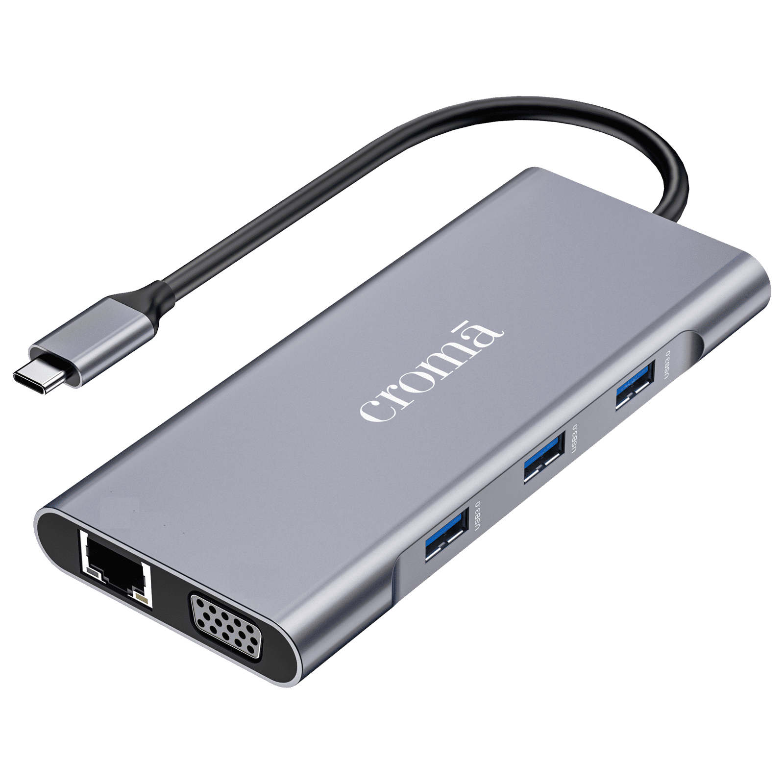 Croma 10-in-1 USB 3.0 Type C to USB-A 3.0, HDMI, VGA, SD, TF card, USB Type-C PD Port, Ethernet, 3.5mm Audio Jack Multi Utility Hub (Supports Fast Charging, Grey)