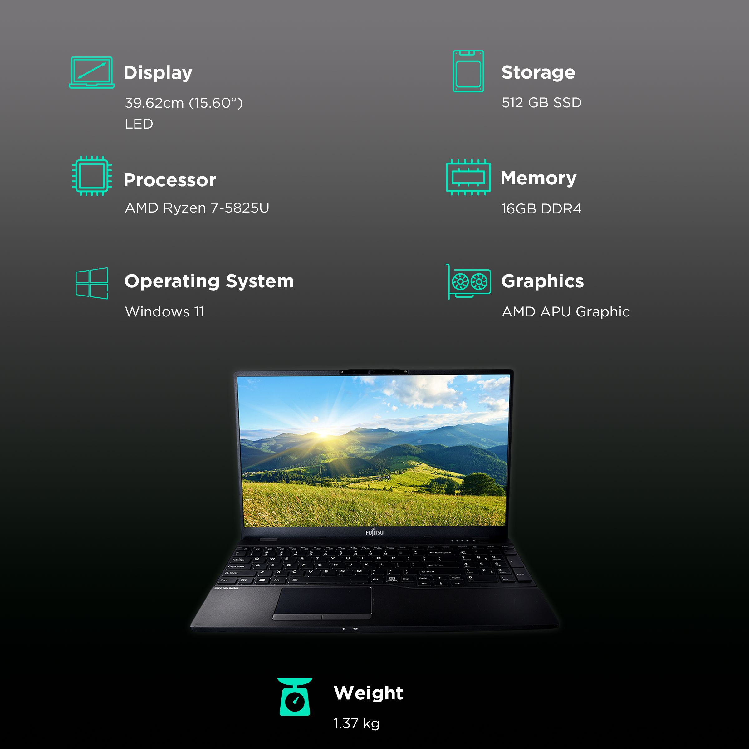 FUJITSU FMV MH AMD Ryzen Zen inch, 16GB, 512GB, Windows 11 Home,  AMD APU, LED Display, Black, 4ZR1K10326)