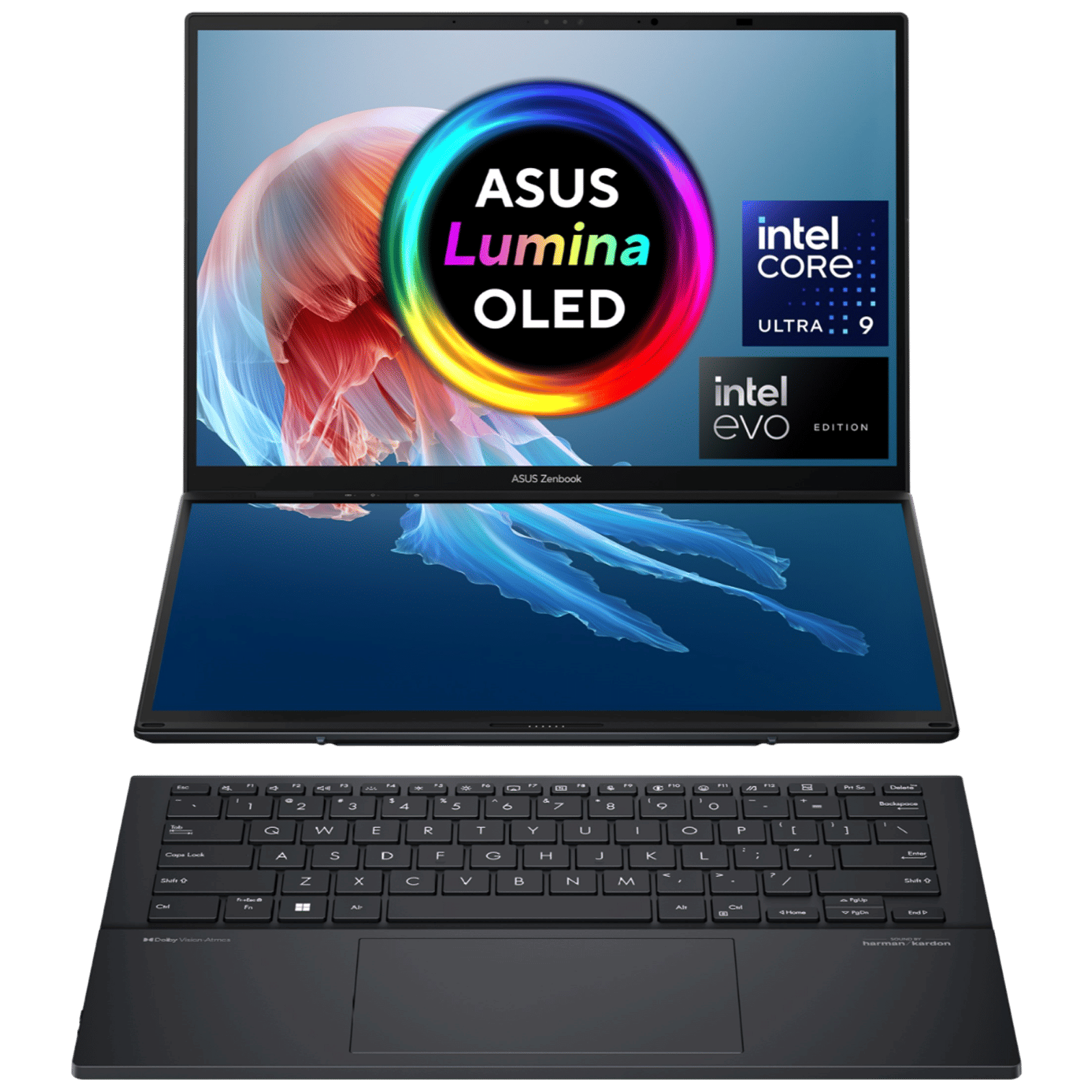ASUS Zenbook Duo Intel Core Ultra 9 Touchscreen Laptop (32GB, 1TB SSD, Windows 11 Home, 14 inch OLED Full HD Display, MS Office 2021, Inkwell Gray, 1.65 KG)