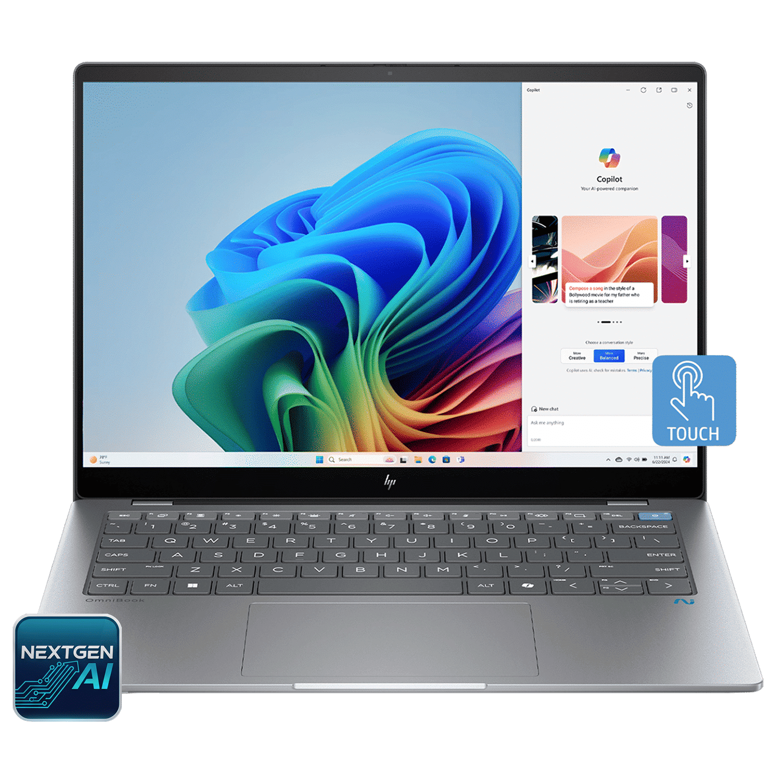 HP OmniBook X 14-fe0121QU Snapdragon X Elite Touchscreen Thin & Light Laptop (16GB, 1TB SSD, Next-Gen Windows, 14 inch 2.2K IPS Display, MS Office 2021, Meteor Silver, 1.34 KG)