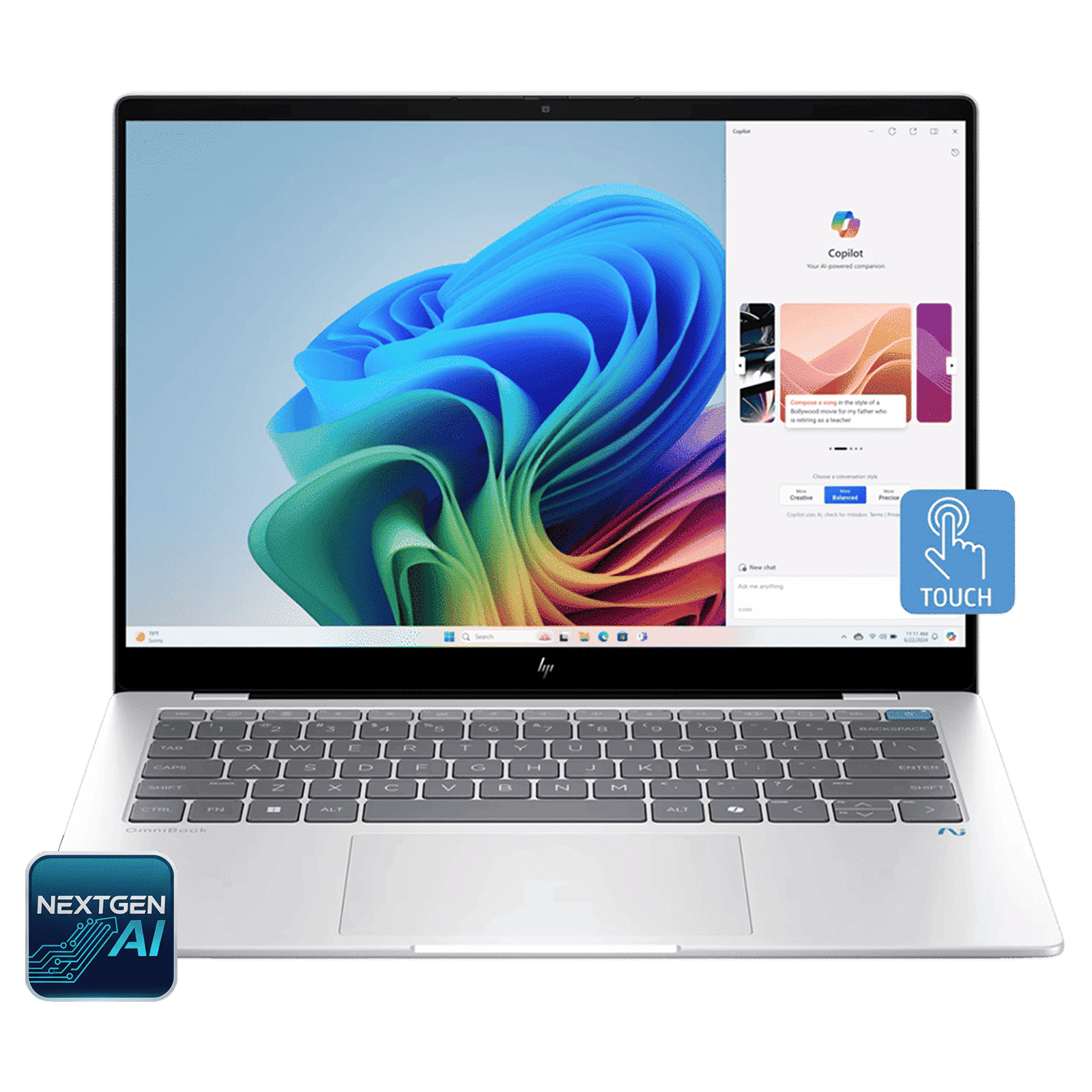 HP OmniBook X 14-fe1011QU Qualcomm Snapdragon X Plus Touchscreen Thin & Light Laptop (16GB, 512GB SSD, Windows 11 Home, 14 inch 2.2K IPS Display, MS Office 2021, Glacier Silver, 1.34 KG)