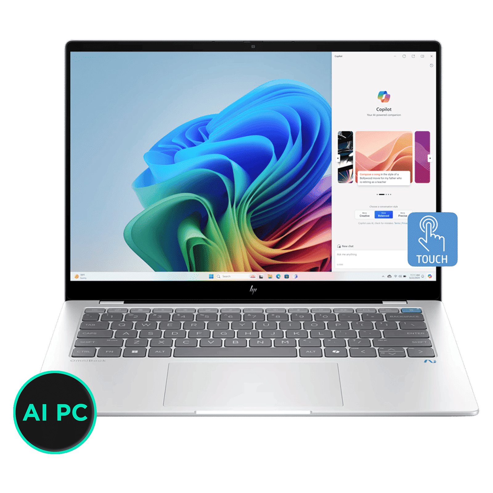 HP OmniBook X 14-fe1011QU Qualcomm Snapdragon X Plus Touchscreen Thin & Light Laptop (16GB, 512GB SSD, Windows 11 Home, 14 inch 2.2K IPS Display, MS Office 2021, Glacier Silver, 1.34 KG)