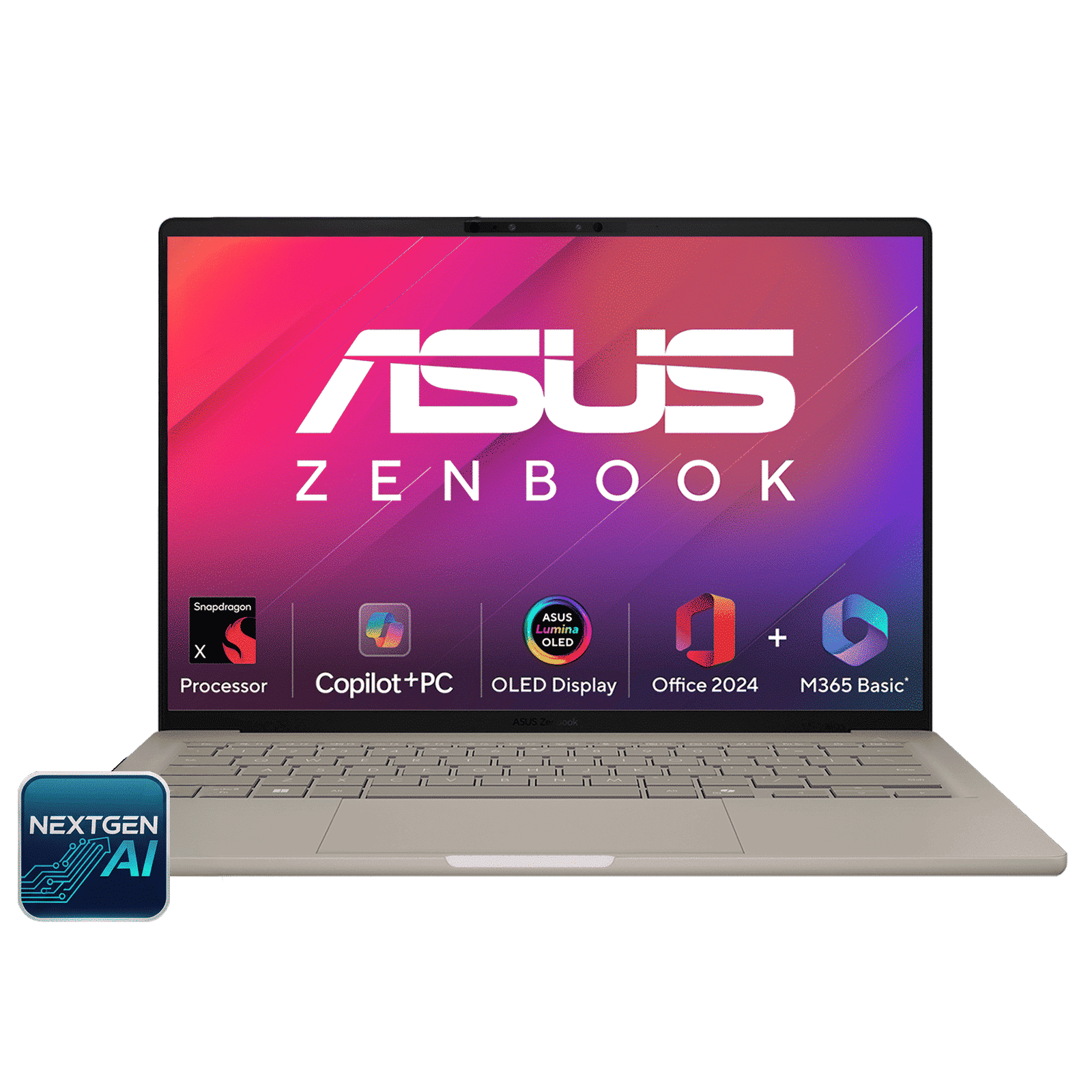 ASUS Zenbook A14 Snapdragon X X126100 Ultra Thin Laptop (16GB, 512GB SSD, Windows 11 Home, 14 inch WUXGA OLED Display, MS Office Home 2024, Zabriskie Beige, 0.98 KG)