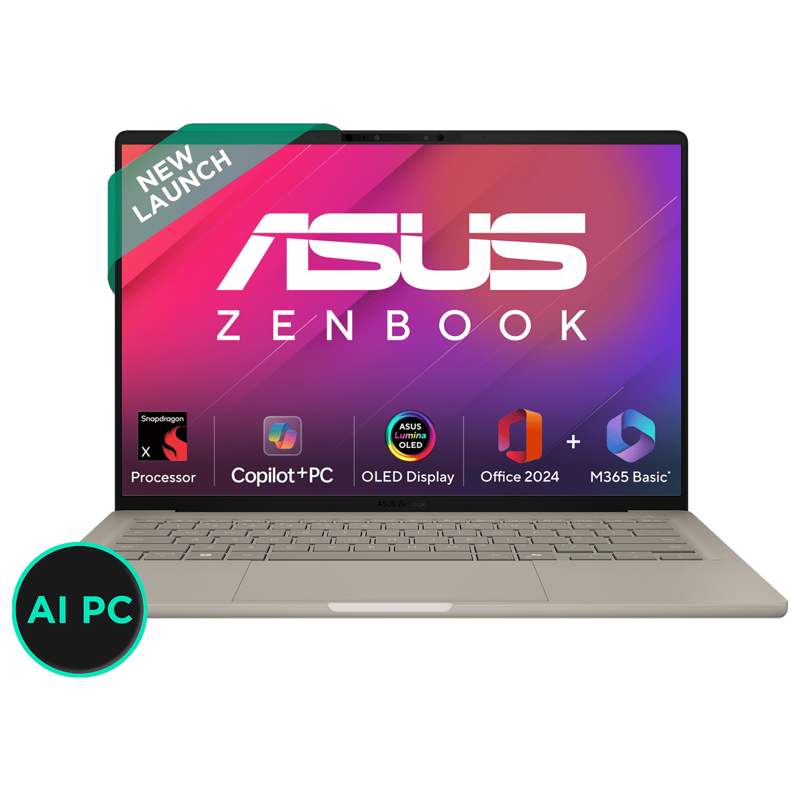 ASUS Zenbook A14 Snapdragon X X126100 Ultra Thin Laptop (16GB, 512GB SSD, Windows 11 Home, 14 inch WUXGA OLED Display, MS Office Home 2024, Zabriskie Beige, 0.98 KG)