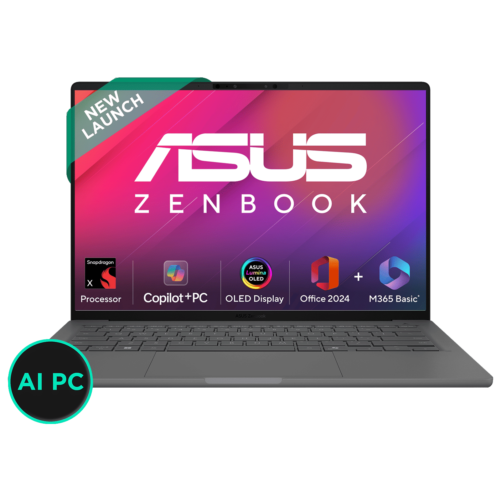 ASUS Zenbook A14 Snapdragon X X1 26 100 Ultra Thin Laptop (16GB, 512GB SSD, Windows 11 Home, 14 inch WUXGA OLED Display, MS Office Home 2024, Iceland Gray, 0.98 KG)