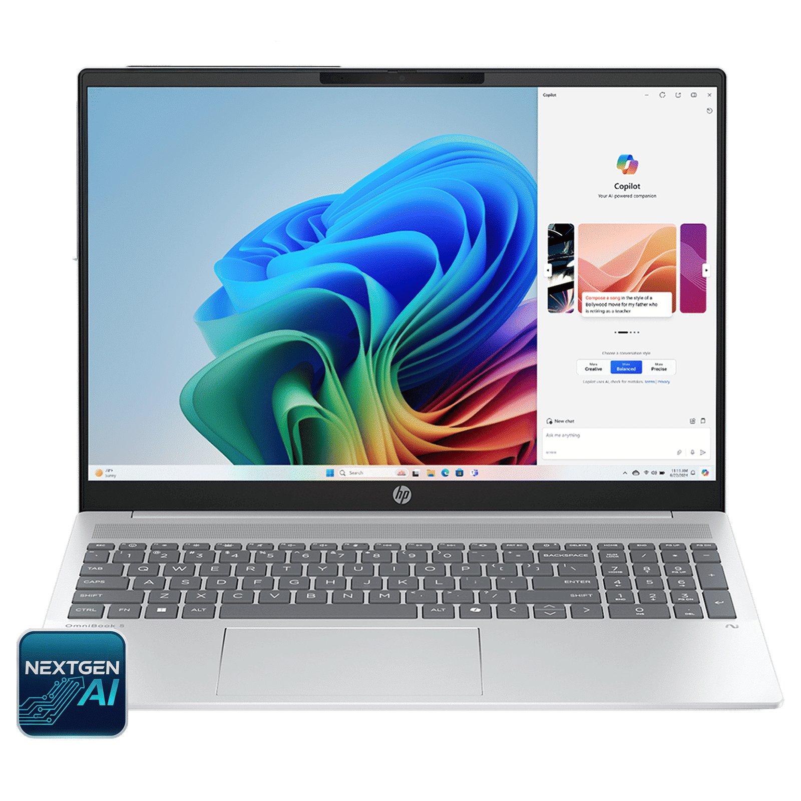 HP OmniBook 5 16-ag1037AU AMD Ryzen AI 5 Thin & Light Laptop (16GB, 512GB SSD, Windows 11 Home, 16 inch 2K IPS Display, MS Office Home 2024, Glacier Silver, 1.79 KG)