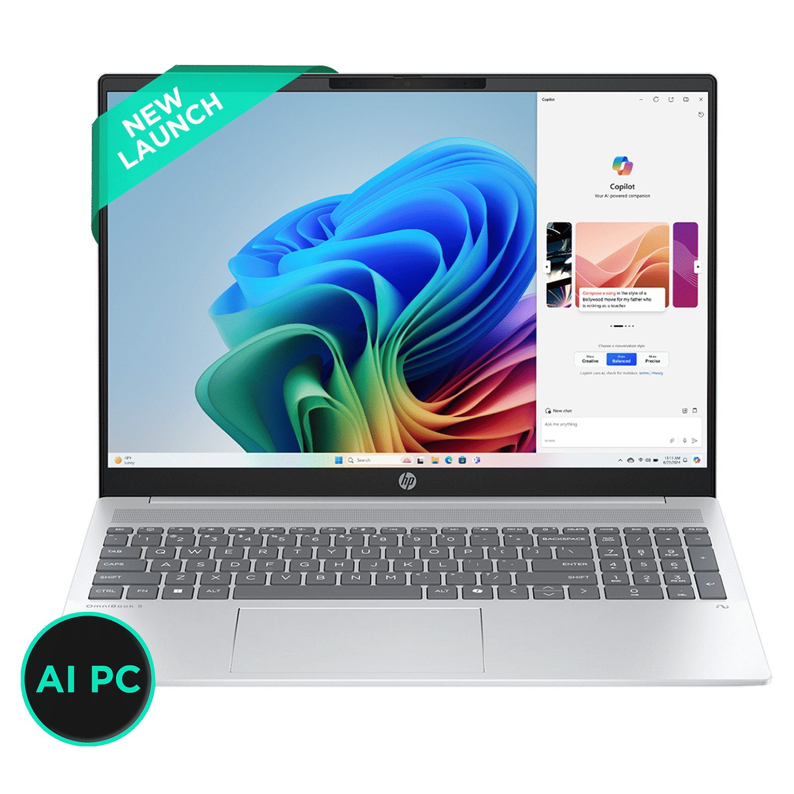 HP OmniBook 5 16-ag1037AU AMD Ryzen AI 5 Thin & Light Laptop (16GB, 512GB SSD, Windows 11 Home, 16 inch 2K IPS Display, MS Office Home 2024, Glacier Silver, 1.79 KG)