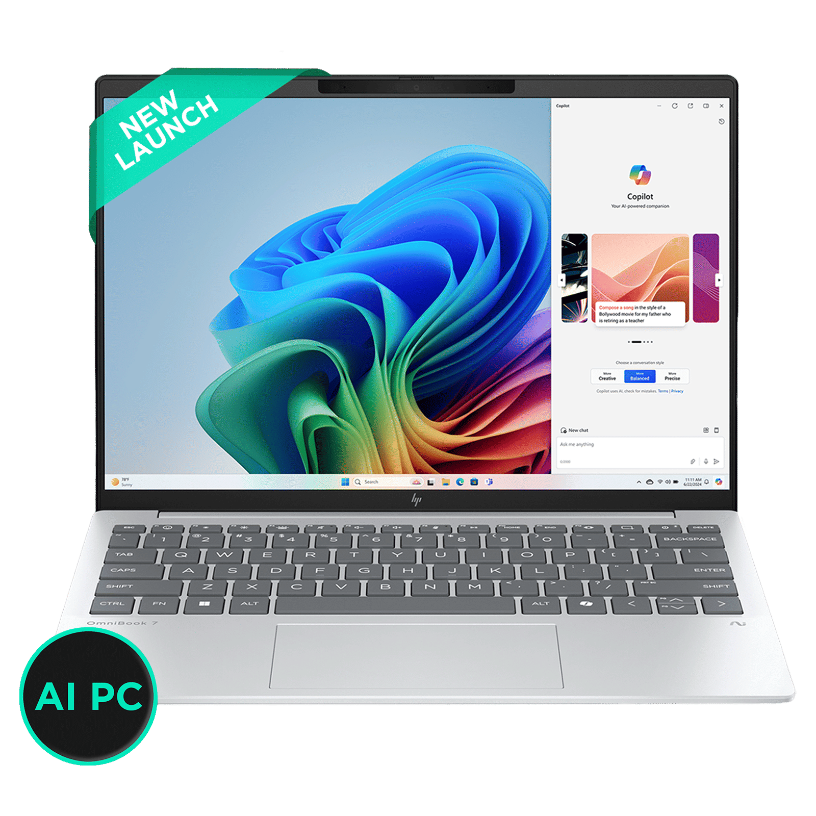 HP OmniBook 7 13-bg1456AU AMD Ryzen AI 7 Thin & Light Laptop (16GB, 512GB SSD, Windows 11 Home, 13.3 inch WQXGA IPS Display, MS Office Home 2024, Glacier Silver, 1 KG)