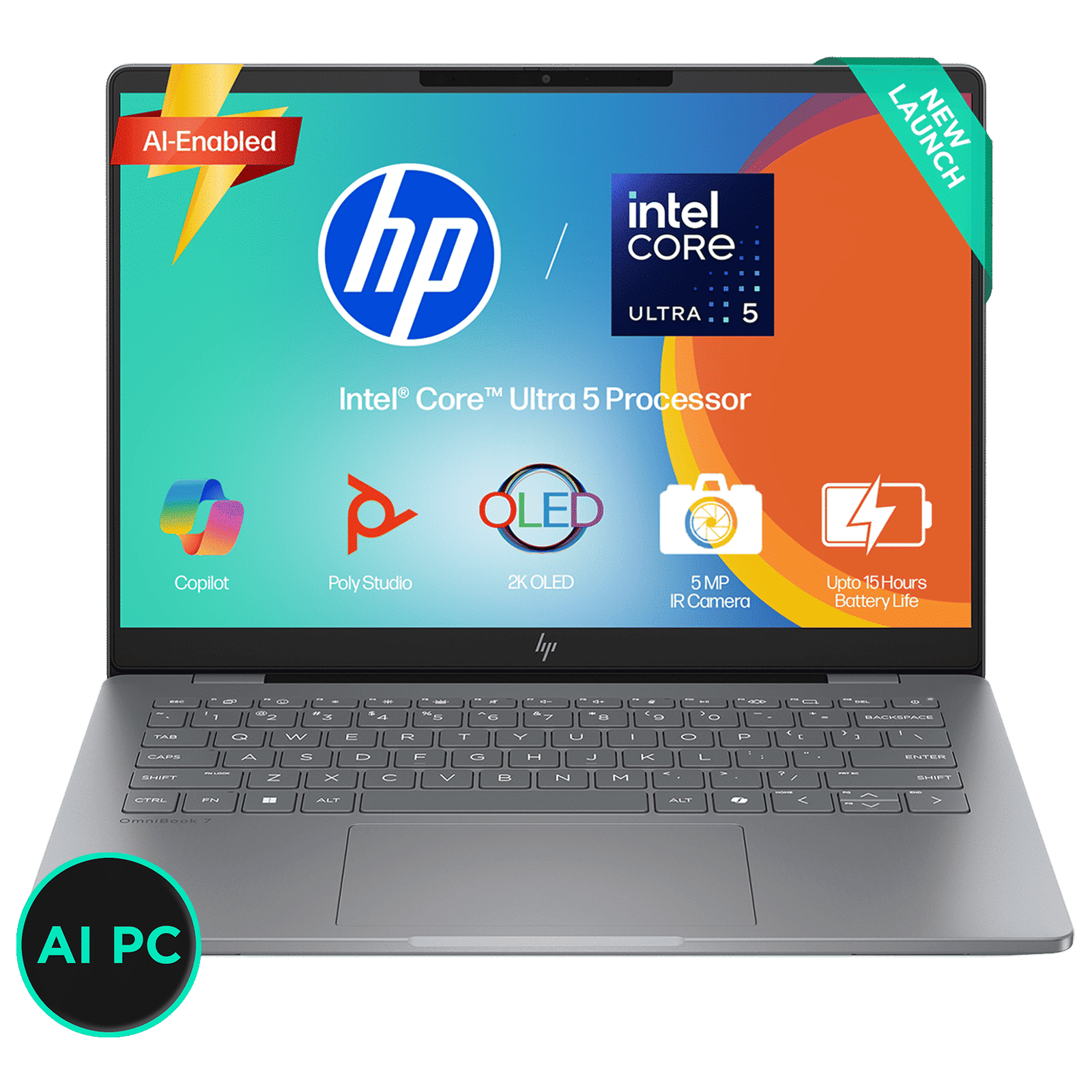 HP OmniBook 7 Intel Core Ultra 5 Laptop (16GB, 512GB SSD, Windows 11, 14 inch 2K OLED Display, MS Office 2024, Meteor Silver, 1.41 KG)