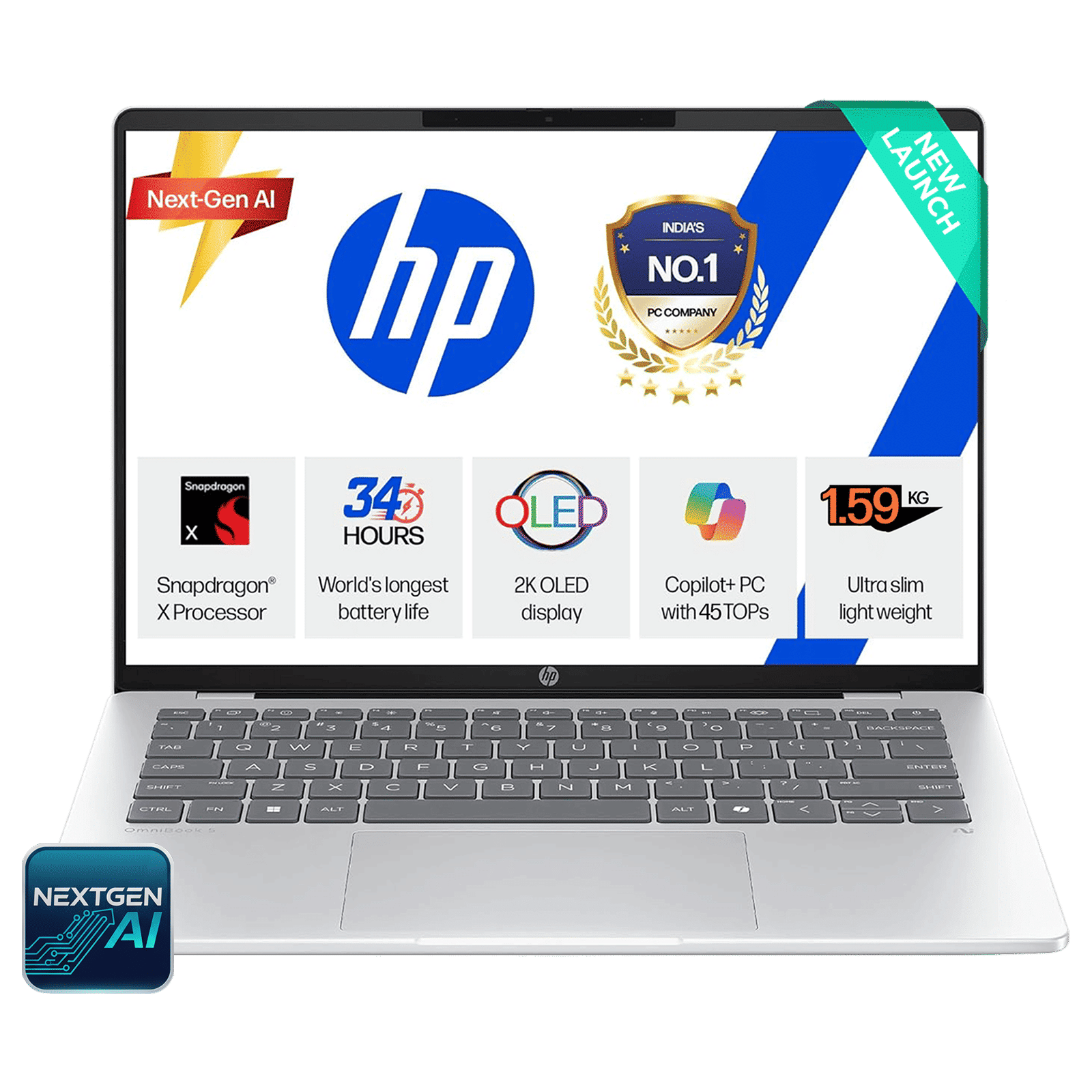 HP OmniBook 5 Qualcomm Snapdragon X Thin & Light Laptop (16GB, 1TB SSD, Windows 11 Home, 16 inch 2K OLED Display, MS Office 2024, Glacier Silver, 1.59 KG)