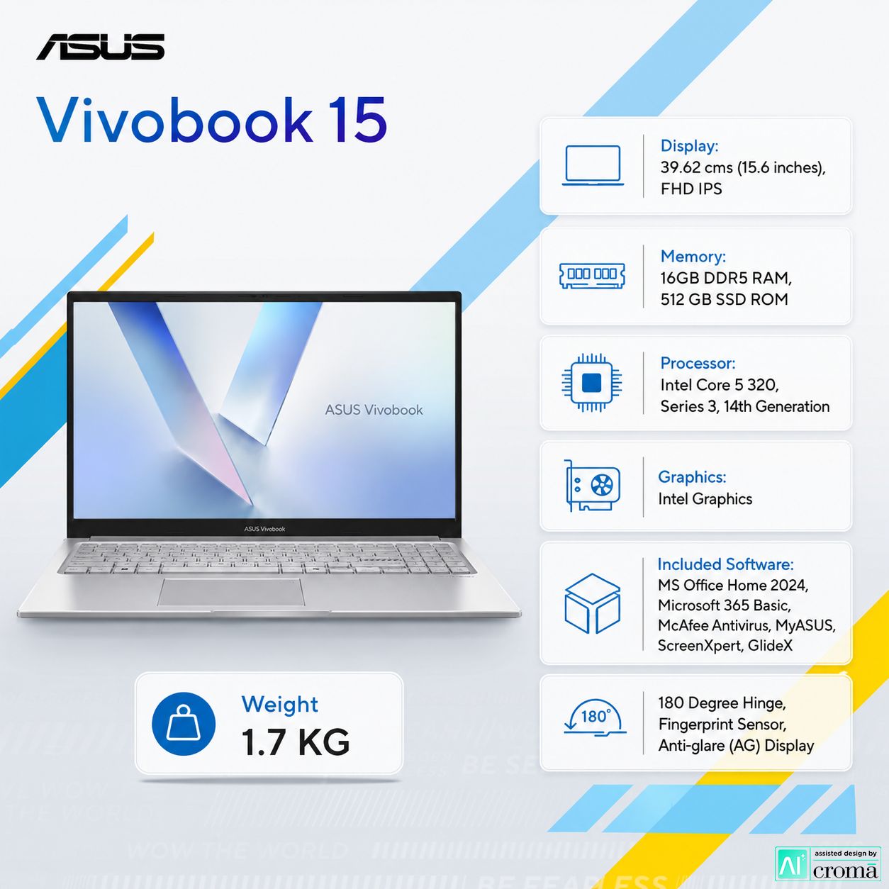 Asus Vivobook 15 Intel Core 5 320 14th Gen Thin & Light Laptop (16GB, 512GB SSD, Windows 11 Home, 15.6 inch FHD IPS Display, MS Office Home 2024, Cool Silver, 1.7 KG)