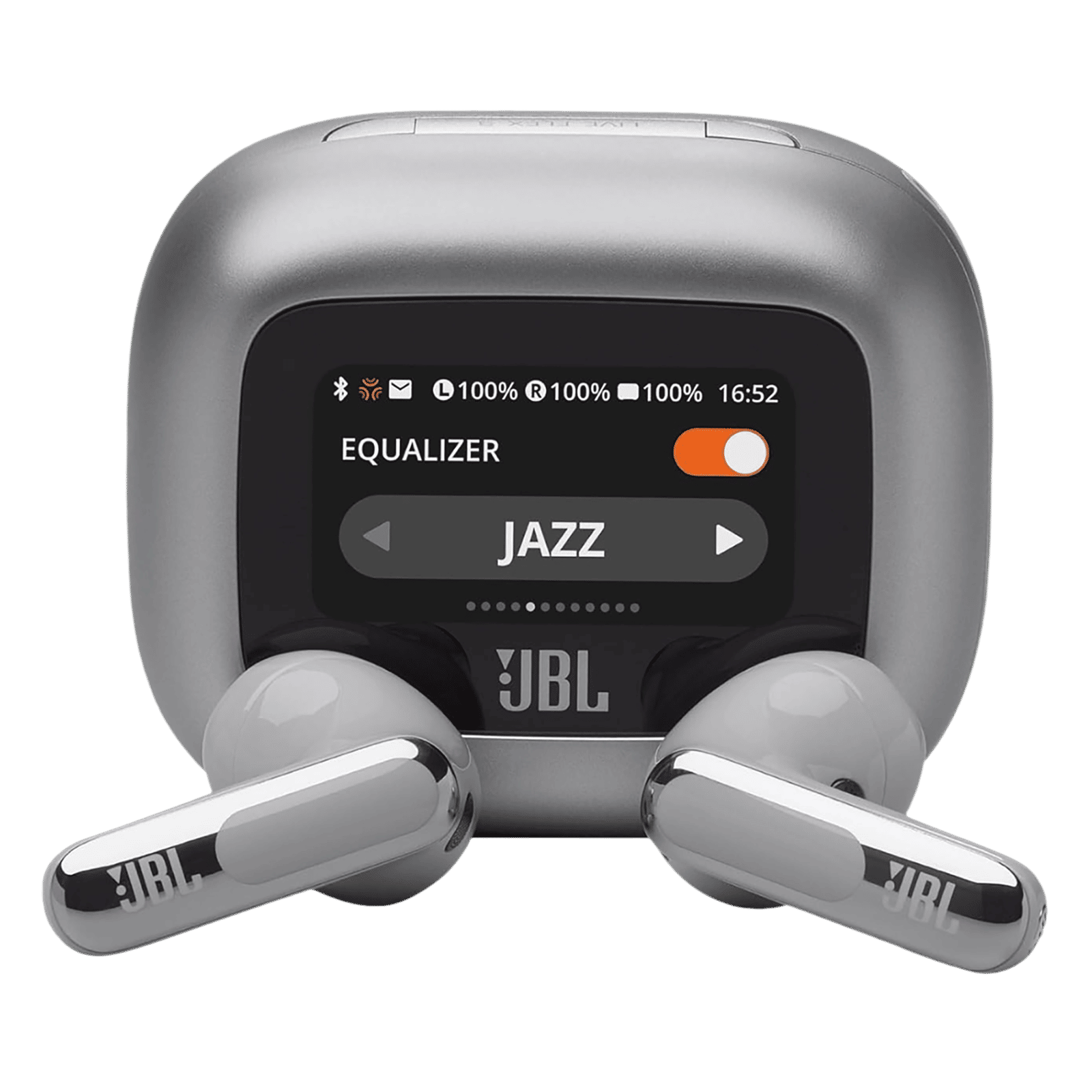 JBL Live Flex 3 TWS Earbuds with Adaptive Noise Cancellation (IP54 Water Resistant, Touchscreen Display, Silver)