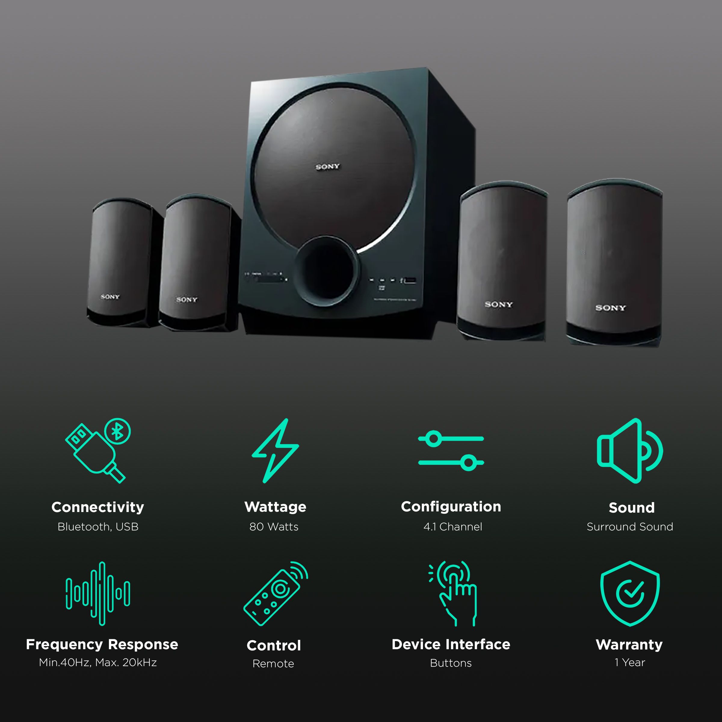 SONY SA-D40 80W Multimedia Speaker (Surround Sound, Channel, Black)