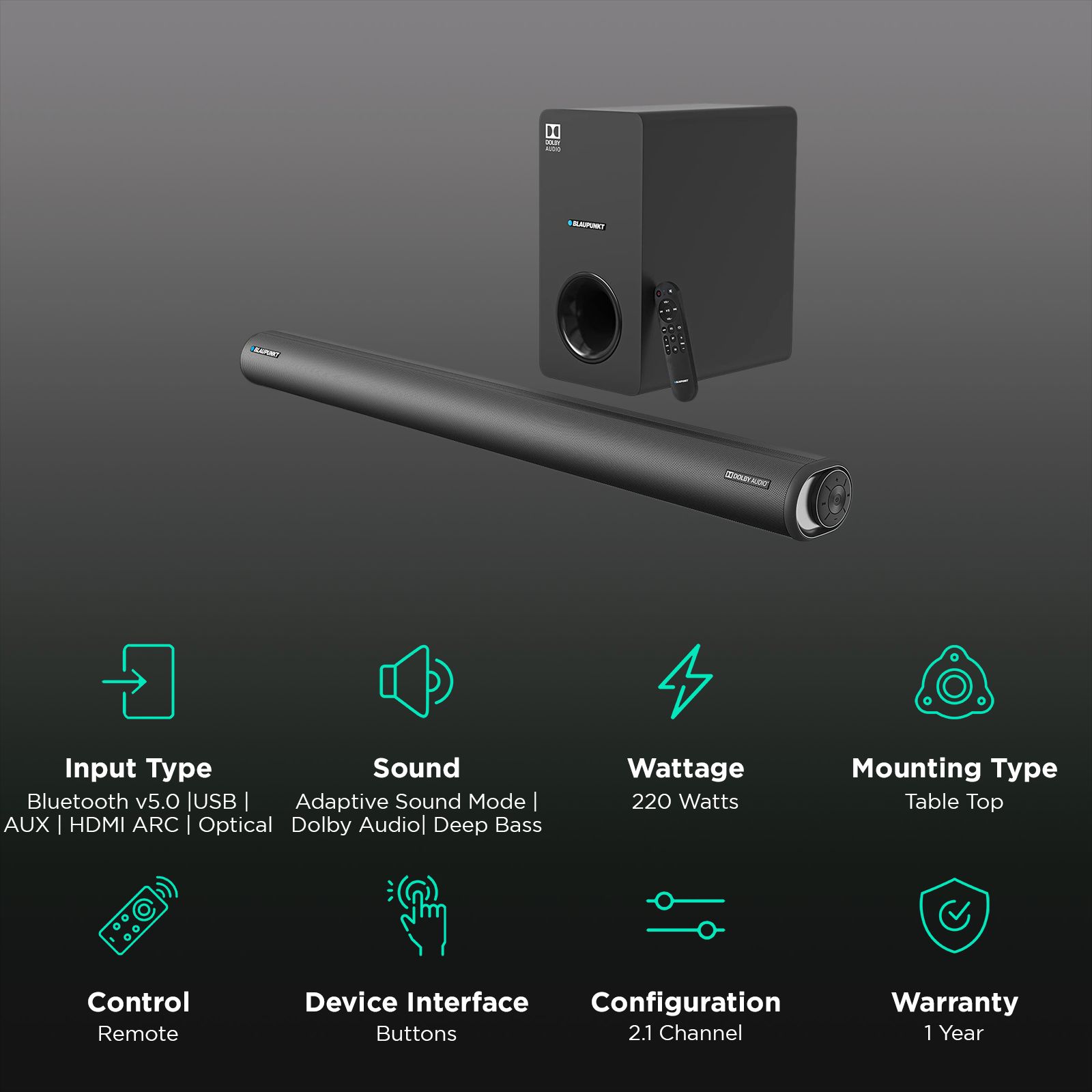 Blaupunkt SBWL100 220W Bluetooth Soundbar with Remote (Adaptive Sound Mode,  Channel, Black)