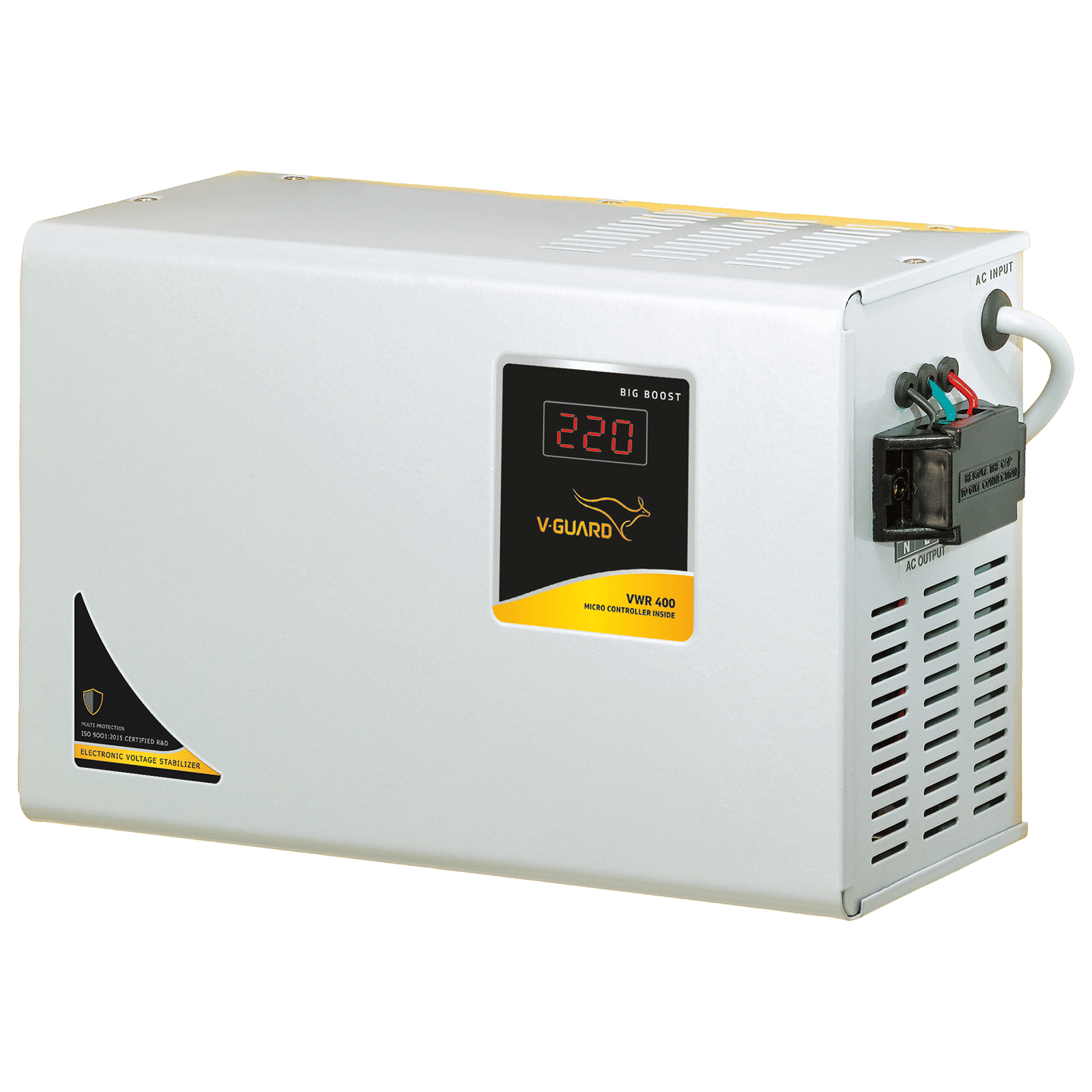 V-GUARD 12 Amps Voltage Stabilizer For Up to 1.5 Ton Air Conditioner (130 - 300 V, Built-In Thermal Overload Protection, VWR 400, Grey)