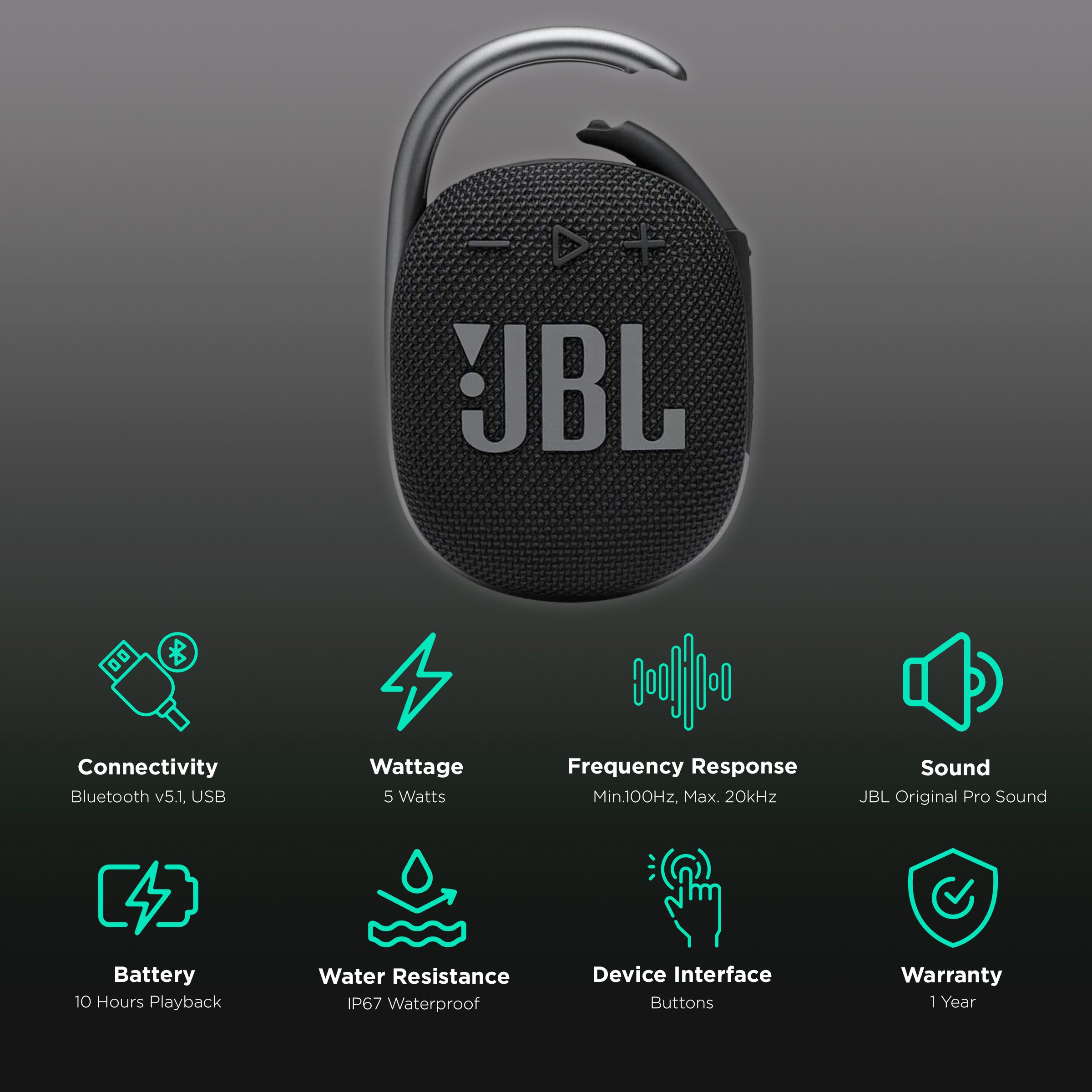 JBL Clip 5W Portable Bluetooth Speaker (IP67 Waterproof, 10 Hours  Playtime, Black)