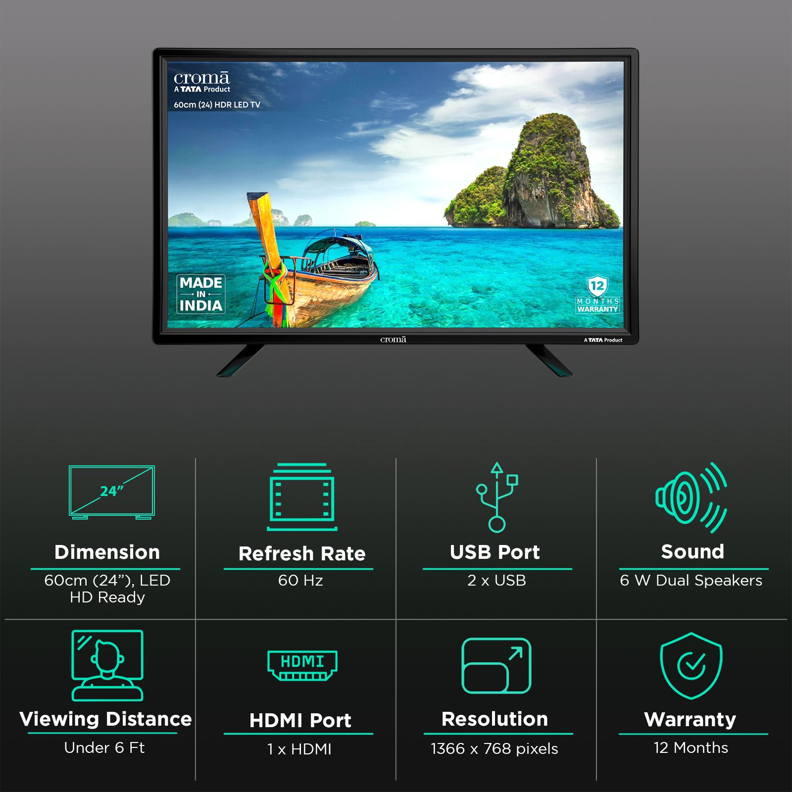 Buy Croma 60 cm (24 inch) HD Ready LED TV with A Plus Grade Panel