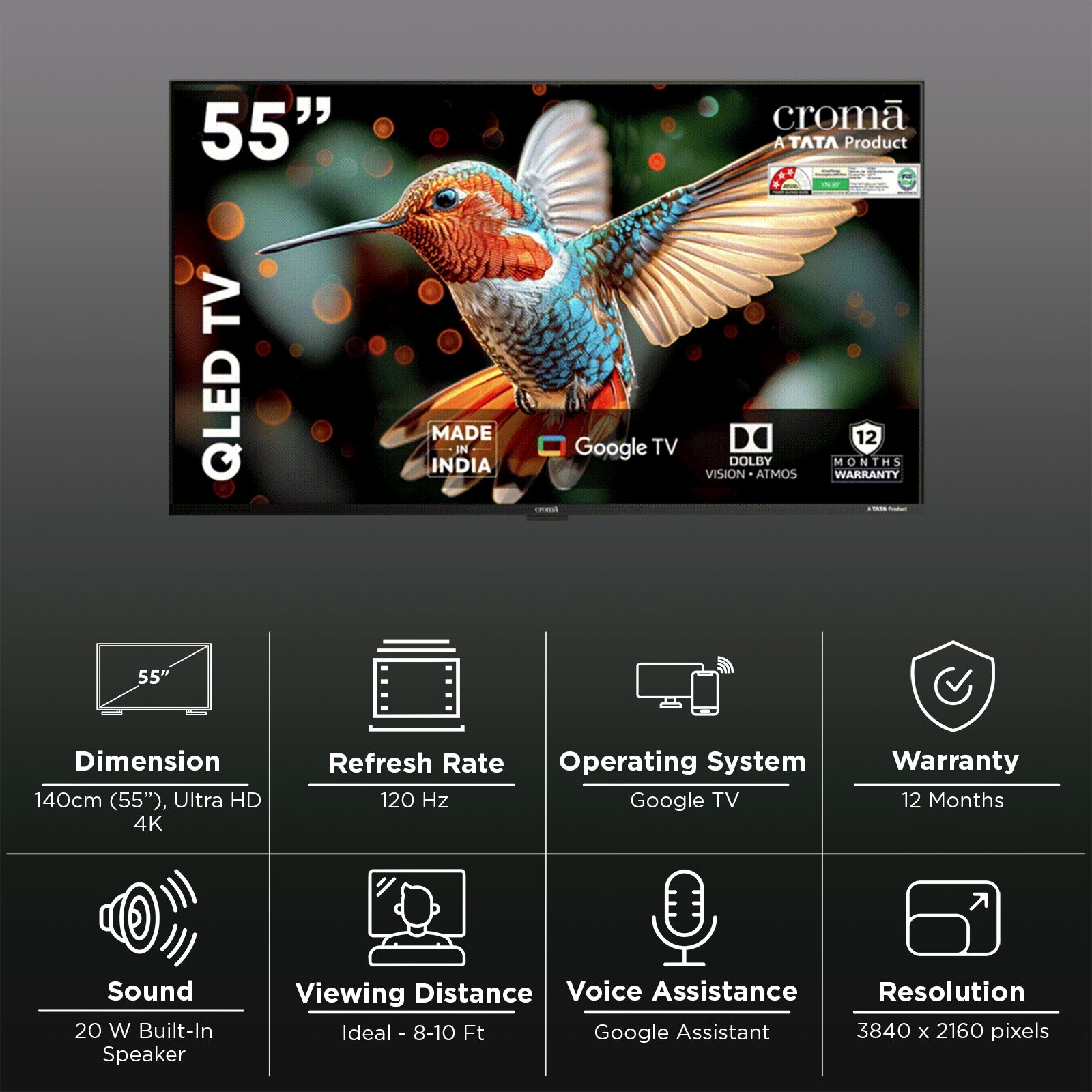 Croma 140 cm (55 inch) 3 Star Ultra HD QLED Google TV 5.0 with Dolby Vision Atmos