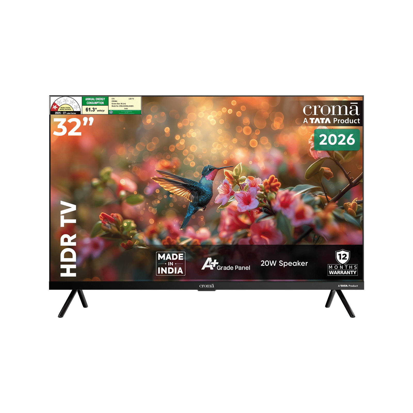 Croma 80 cm (32 inch) 1 Star HD Ready LED TV with Bezel Less Display (2026 model)