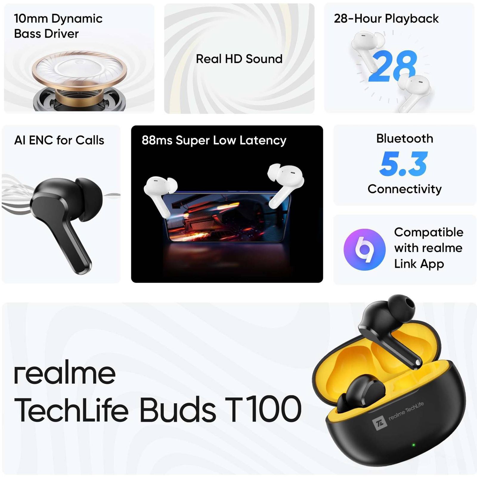 realme Techlife RMA2109 Earbuds with AI Environment Noise Cancellation  (IPX5 Water Resistant, Google Fast Pair, White)