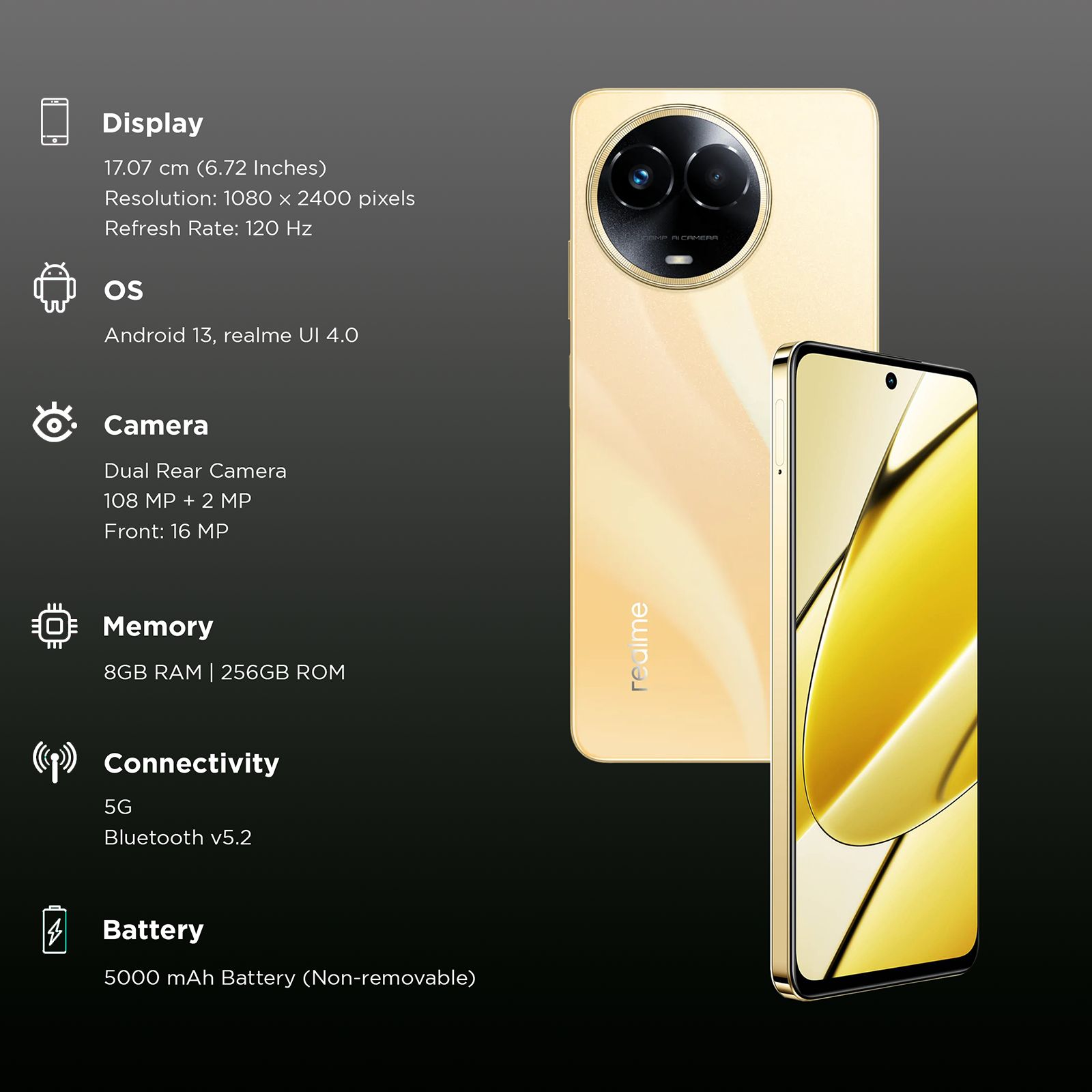 Buy realme 11 5G (8GB RAM, 256GB, Glory Gold) Online - Croma