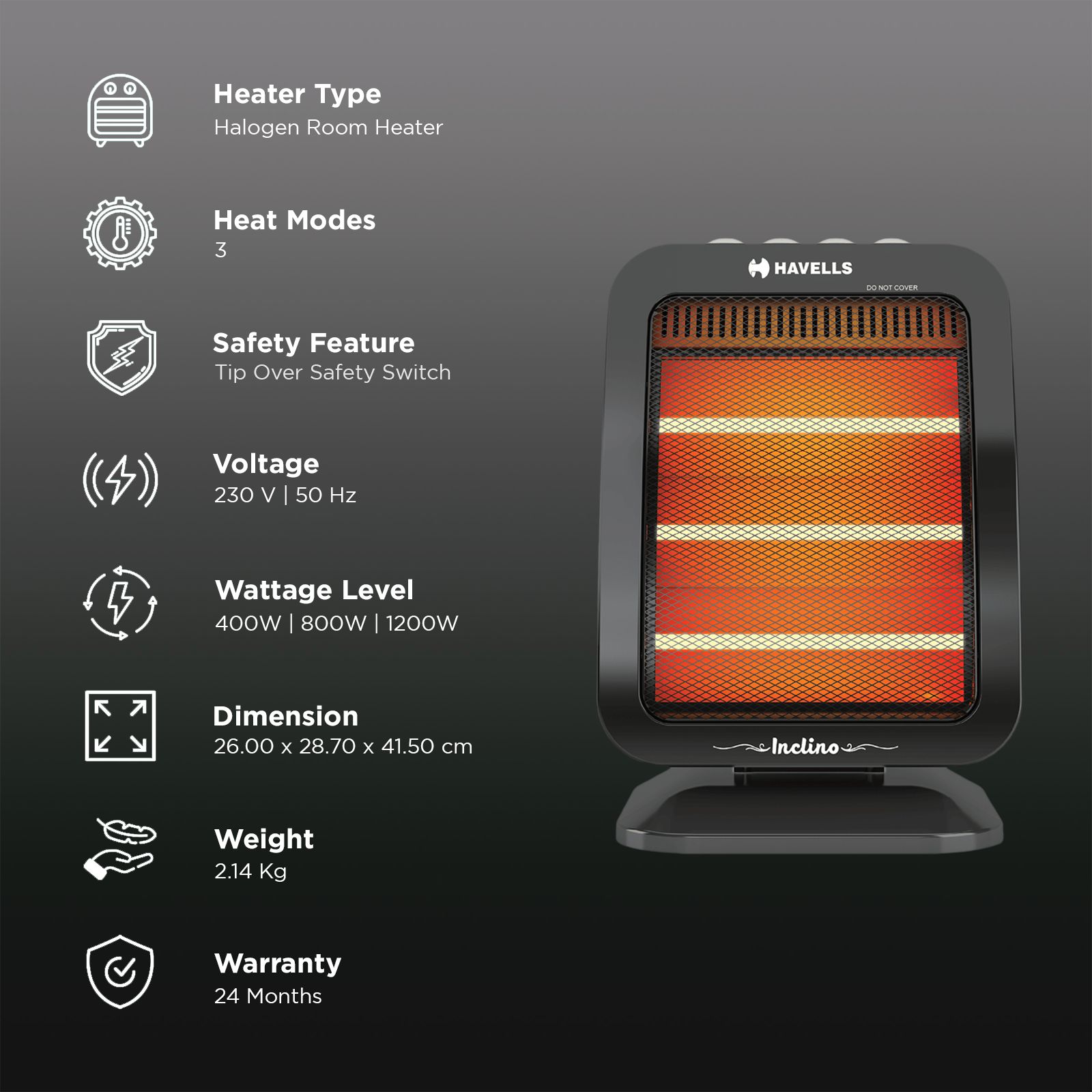 HAVELLS Inclino 1200W Halogen Room Heater with Oscillation Function (Rust  Free Reflector