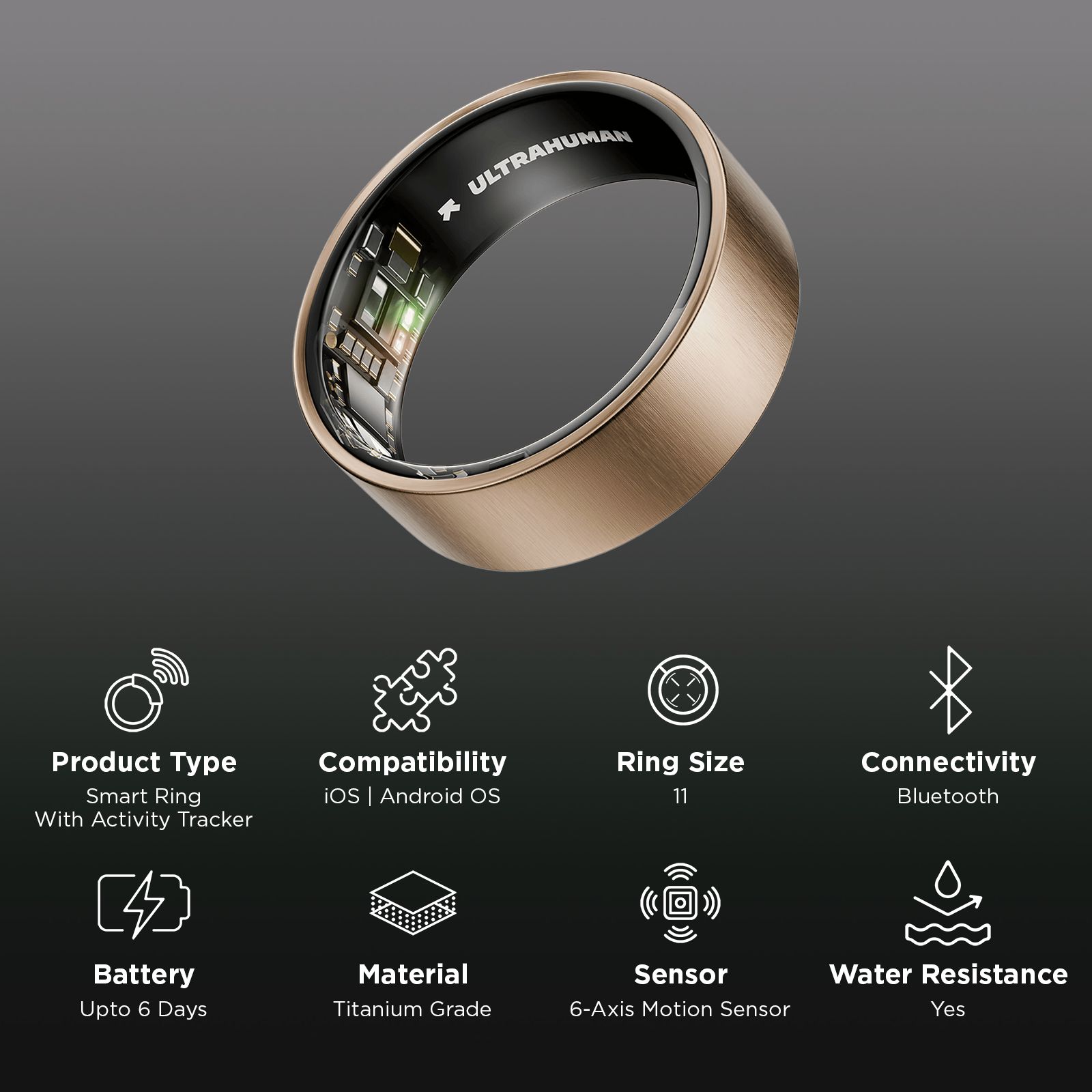 ULTRAHUMAN Ring AIR (gecertificeerd vernieuwd) Smart Ring Health Tracker, slaaptracker, slimme ring voor mannen en vrouwen, fitnesstracker (Matte Grey, 7
