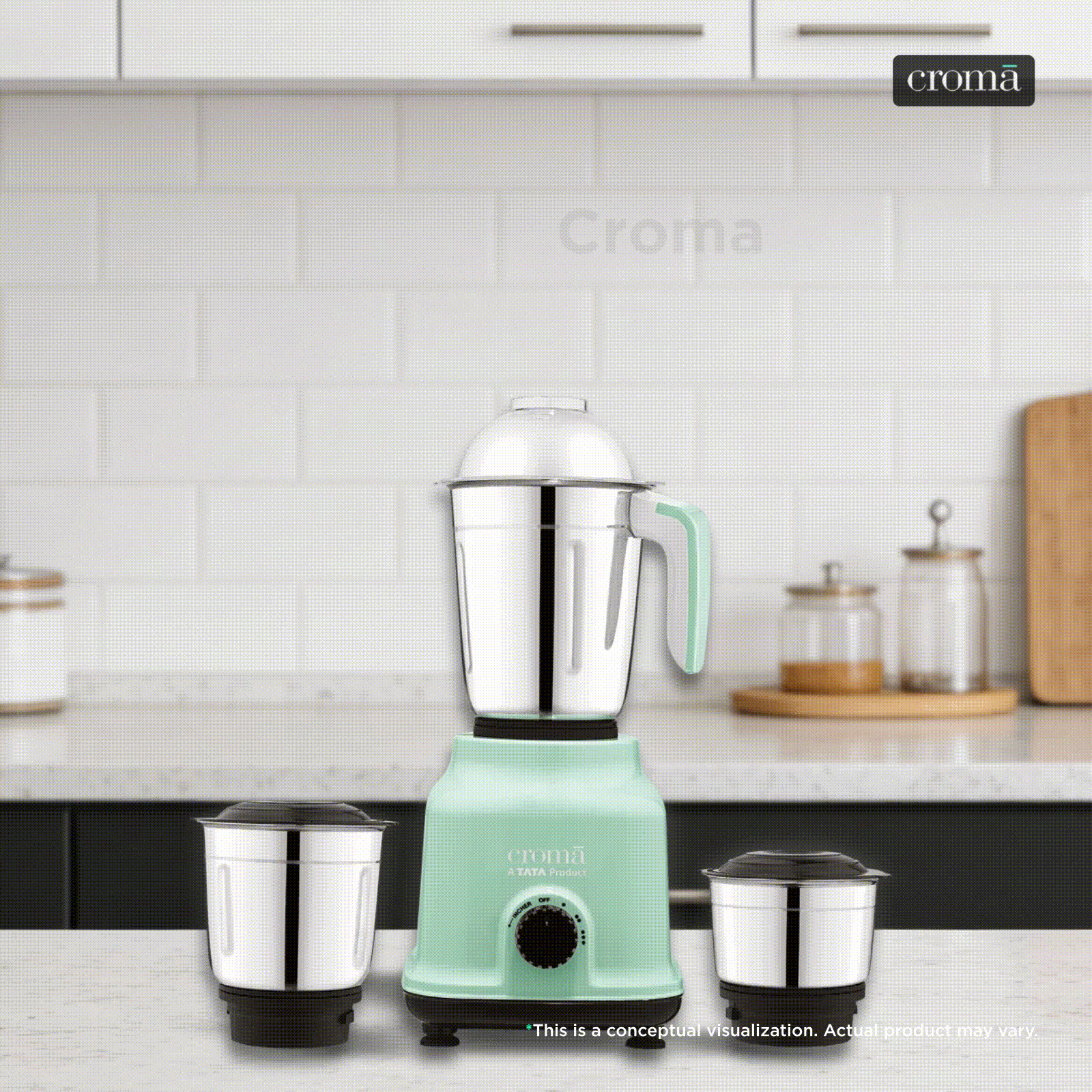 Croma 500 Watt 3 Jars Mixer Grinder (19000 RPM, Shock Proof Body, Green)