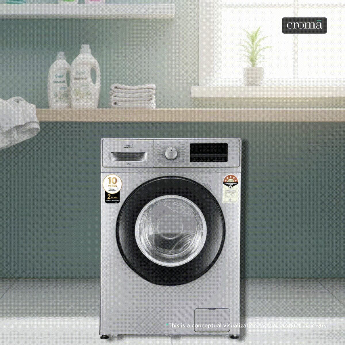 Croma 7 kg 5 Star Inverter Fully Automatic Front Load Washing Machine (2025 Model, Built in heater, Silver Grey)