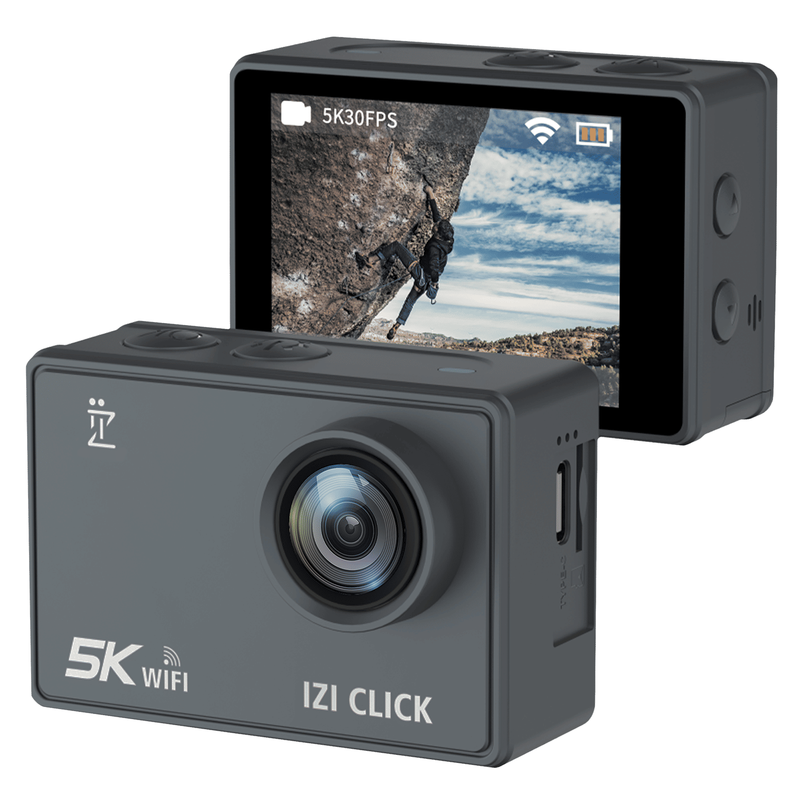 IZI CLICK 5K and 50MP 30 FPS Waterproof Sports Action Camera with EIS Stabilisation (Grey)