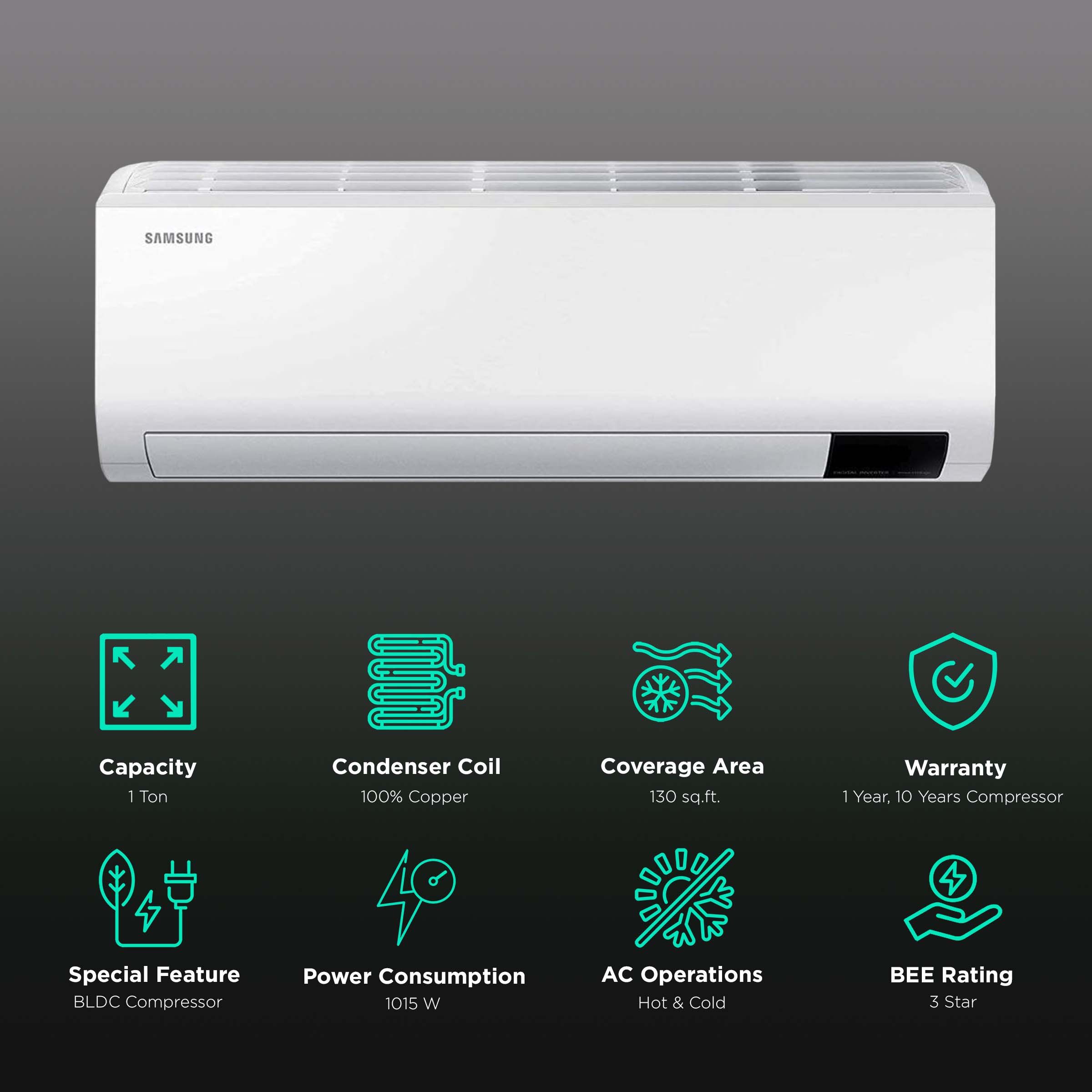 SAMSUNG Arise in Convertible Ton Star Hot Cold Inverter Split AC  with Anti Bacterial Coating (Copper Condenser, AR12BX4ZAWK)