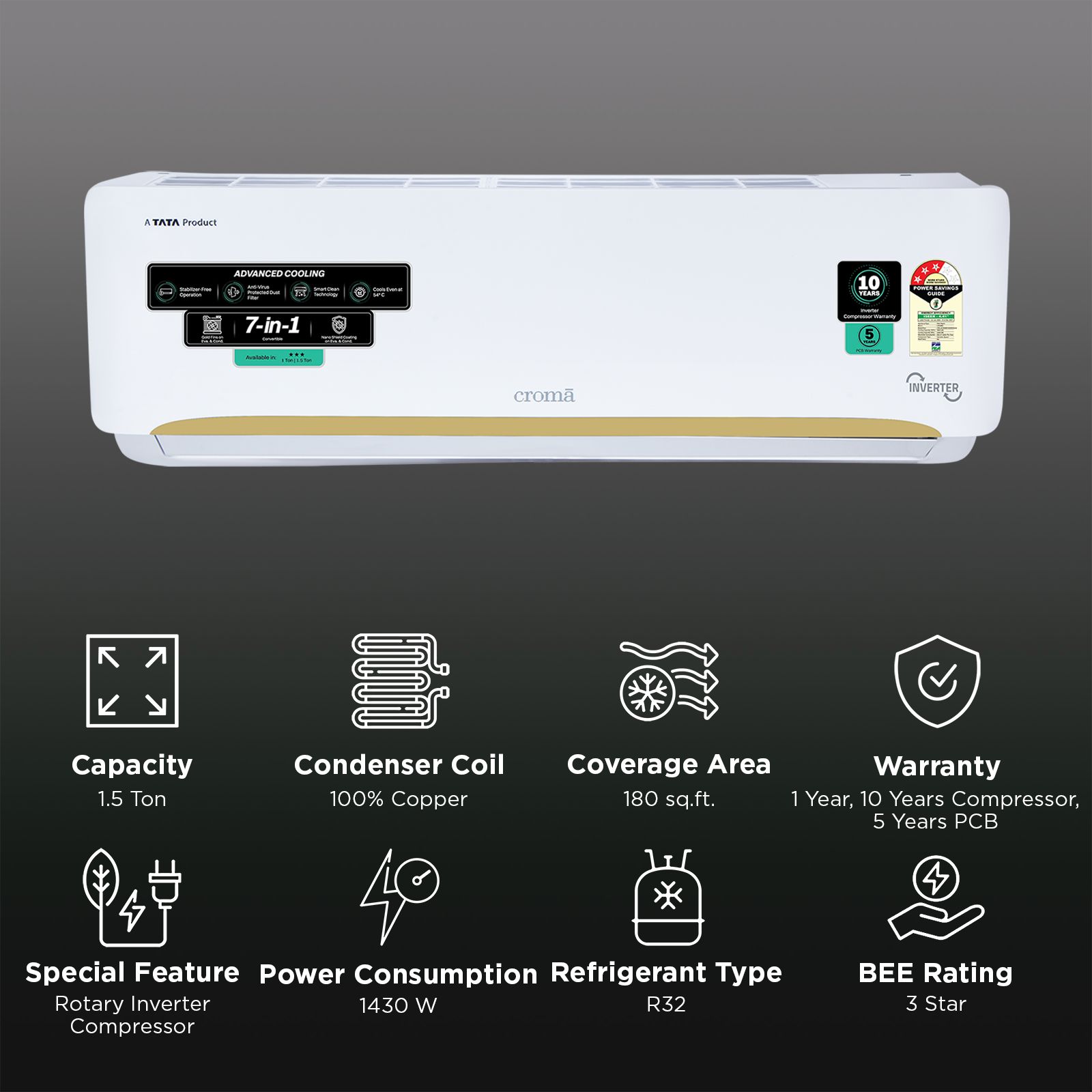 Croma 7 in 1 Convertible 1.5 Ton 3 Star Inverter Split AC with Self Diagnosis