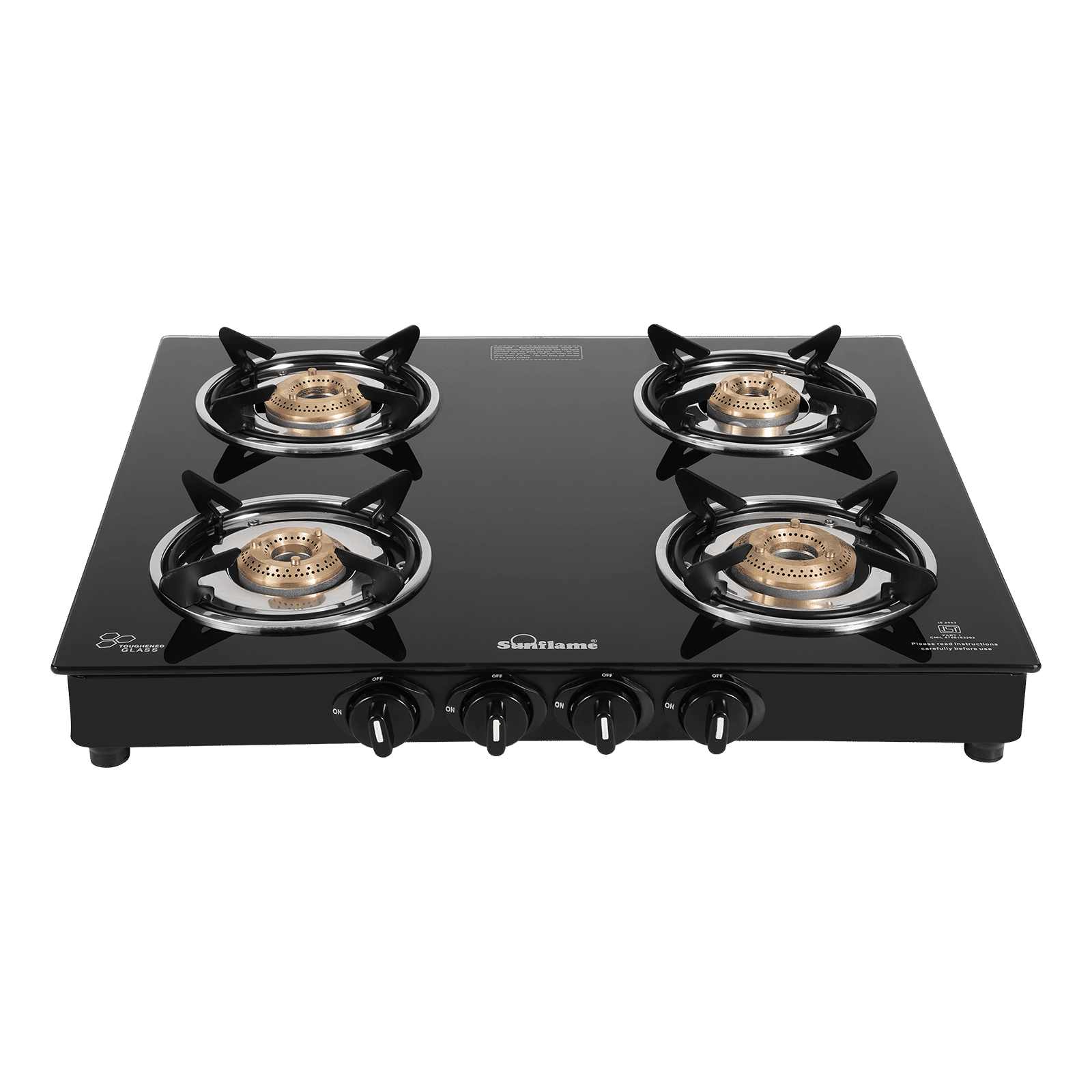 Sunflame Venza Toughened Glass Top 4 Burner Manual Gas Stove (Removable Drip Tray, Black)