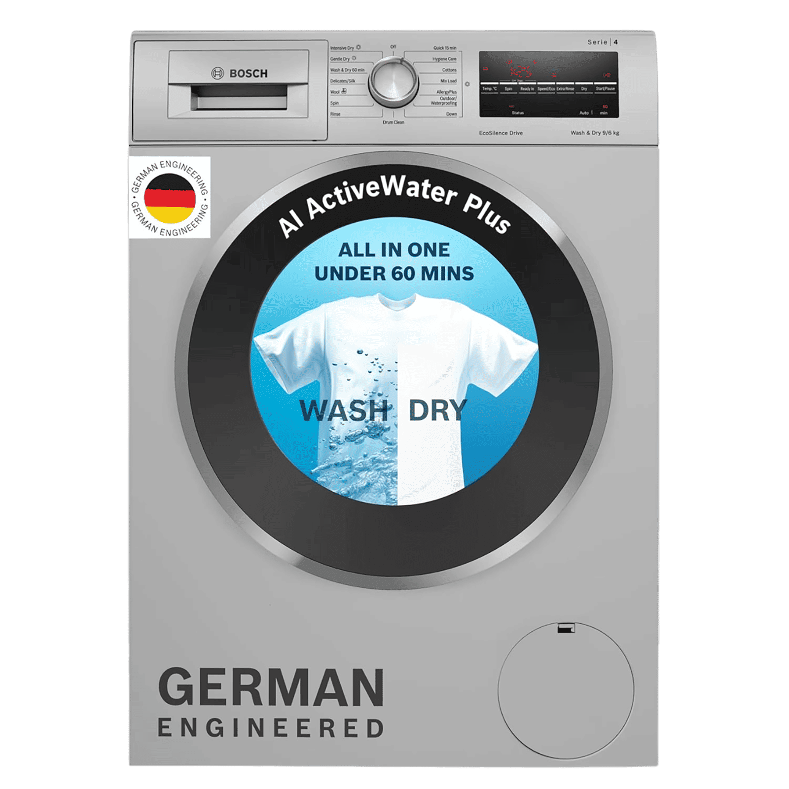 BOSCH 9/6 kg 5 Star Inverter Fully Automatic Front Load Washer Dryer (Series 4, WNA14408IN, Anti-Vibration Side Panel, Silver)